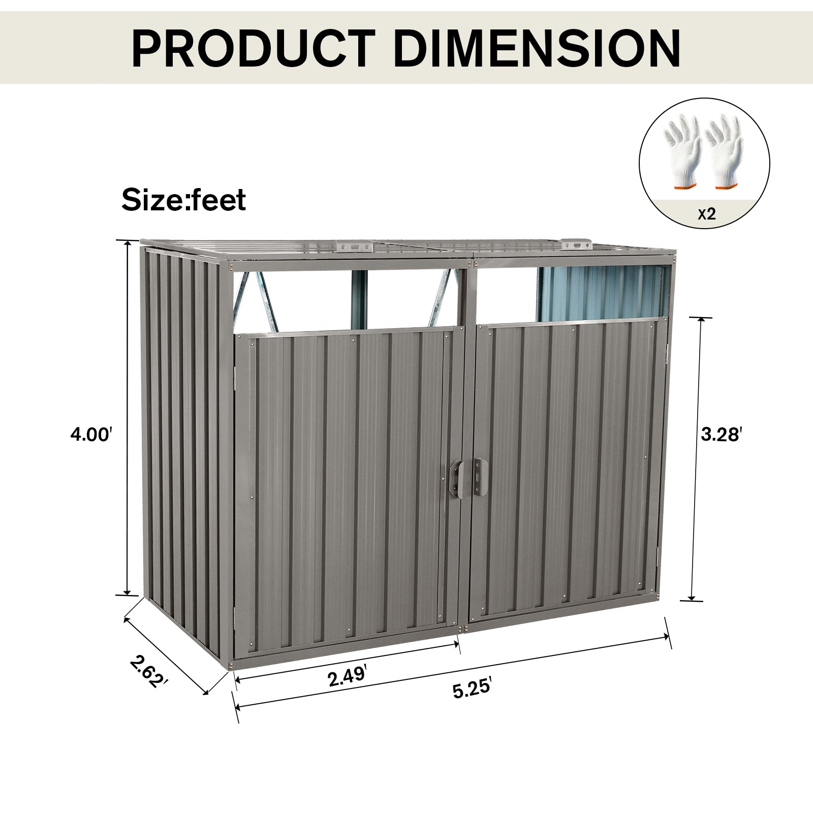 Gray metal storage shed with double doors  W x  H x  D