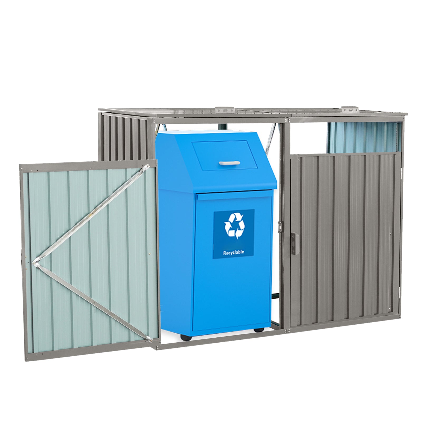 Metal outdoor bin enclosure with blue recyclable waste bin and grey corrugated doors