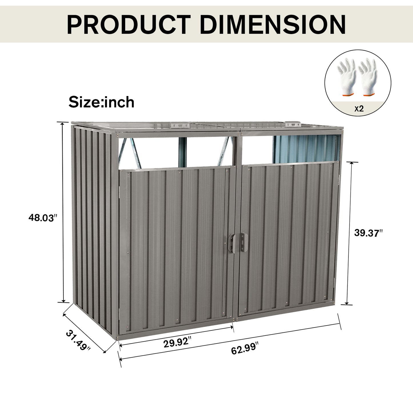 Gray metal outdoor storage shed with double doors  W x  D x  H