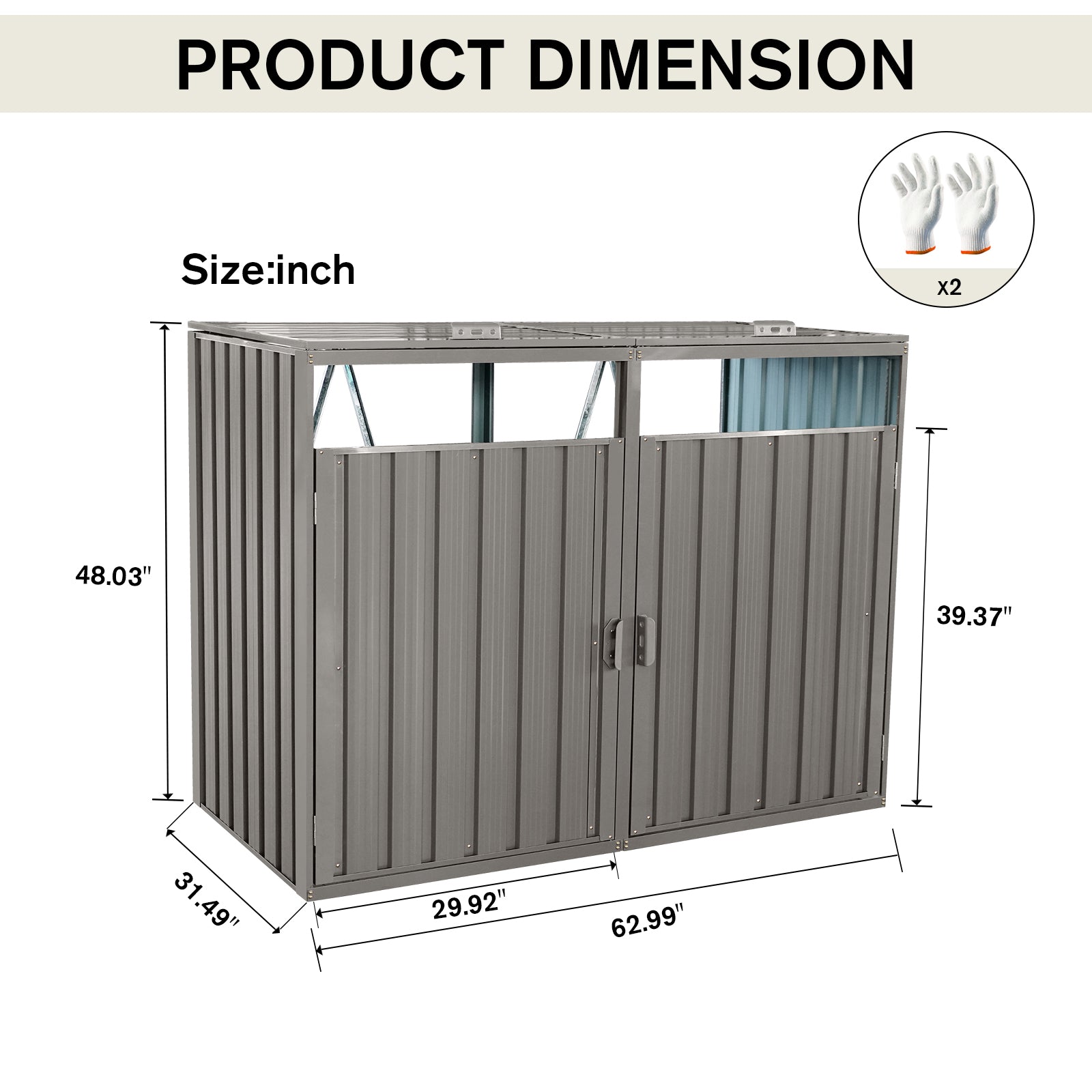 Gray metal outdoor storage shed with double doors  W x  D x  H