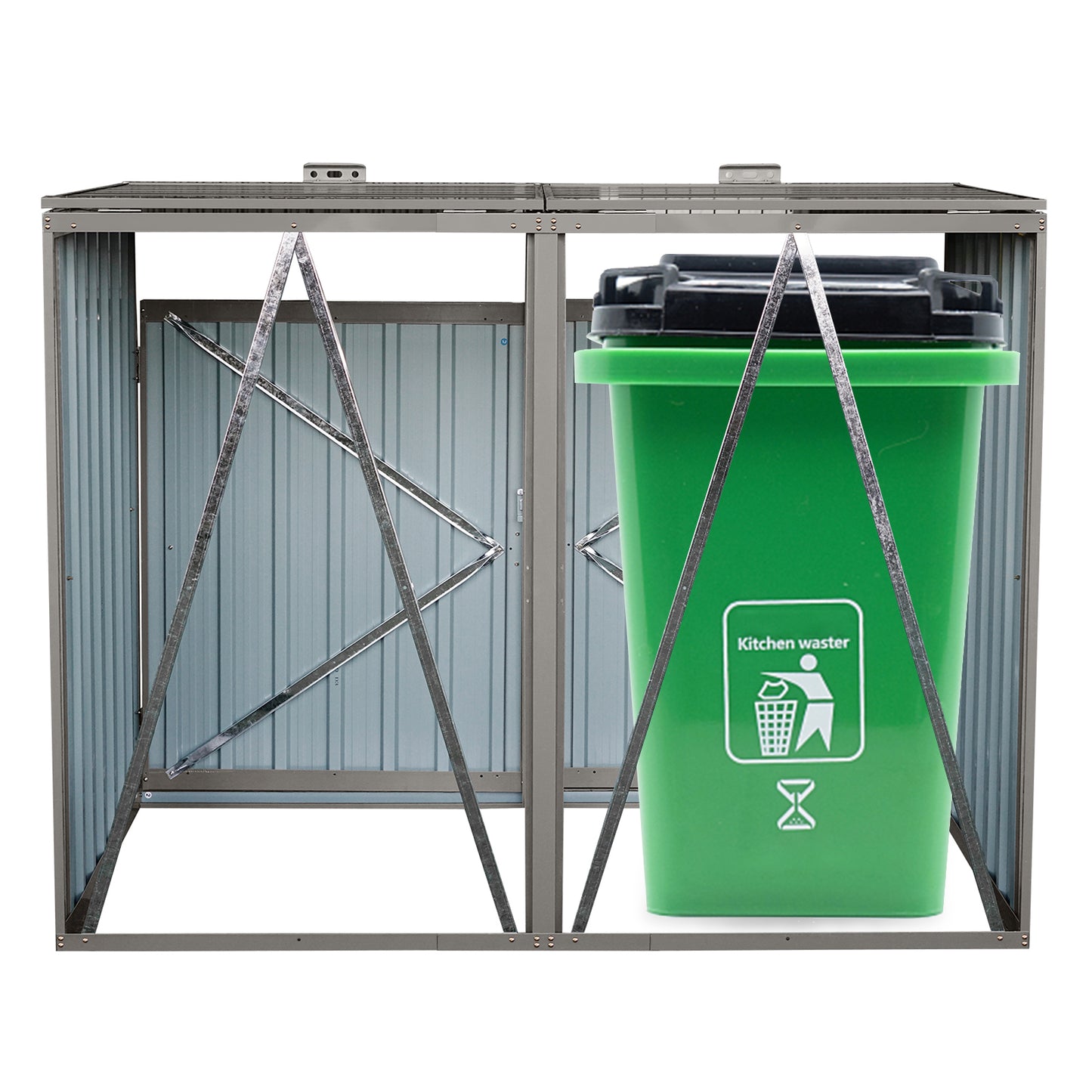 Galvanized steel garden bin enclosure with double doors and green kitchen waster bin