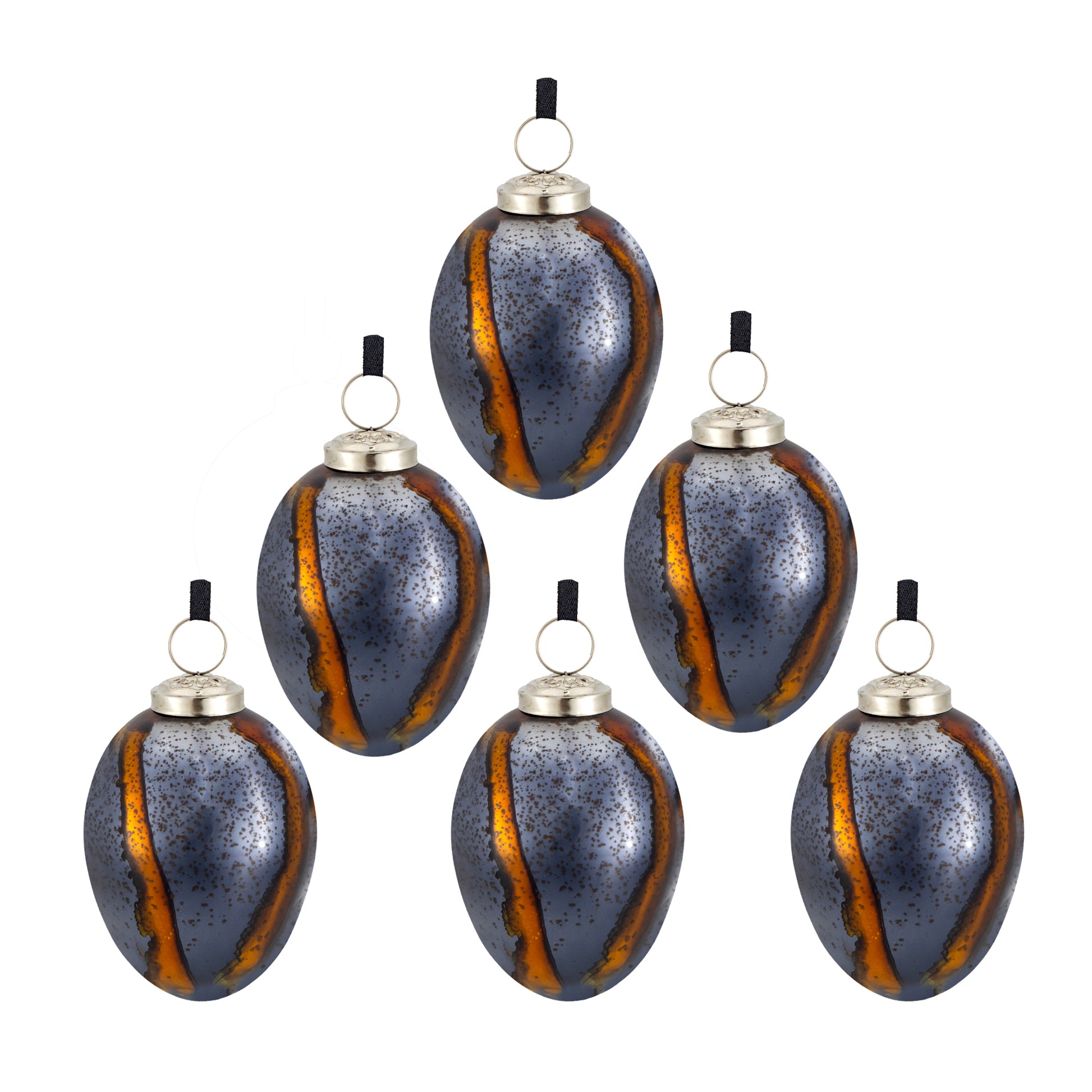Set of  oval glass Christmas ornaments in smoky blue with amber streaks