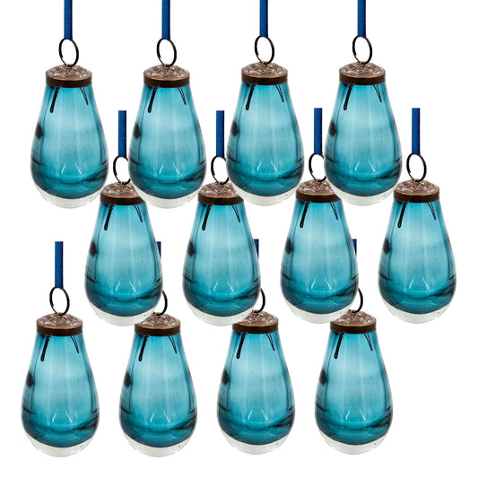 Teardrop shaped blue glass ornaments with antique brass caps and blue ribbons set of twelve