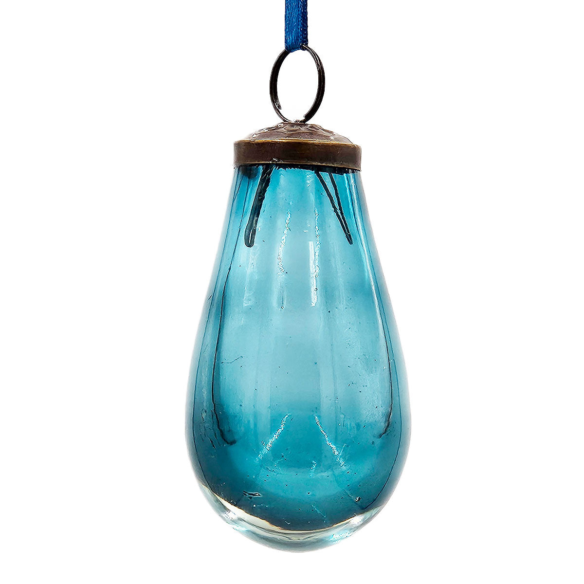 Teardrop shaped blue glass ornament with antique brass cap and hanging loop
