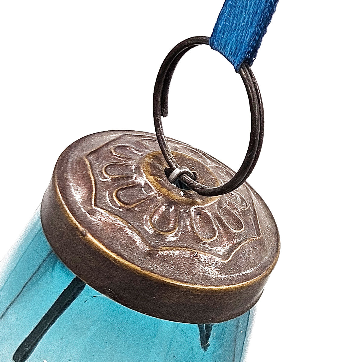 Blue glass Christmas ornament with ornate bronze cap and hanging ring
