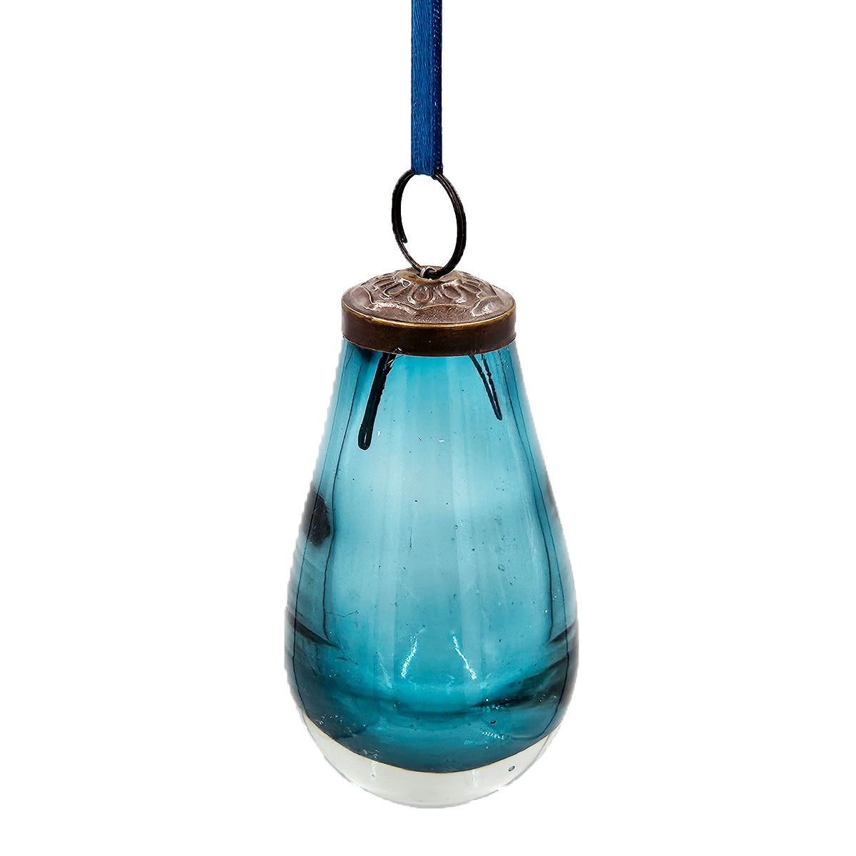 Teardrop shaped blue glass ornament with antique brass lid and dark blue ribbon
