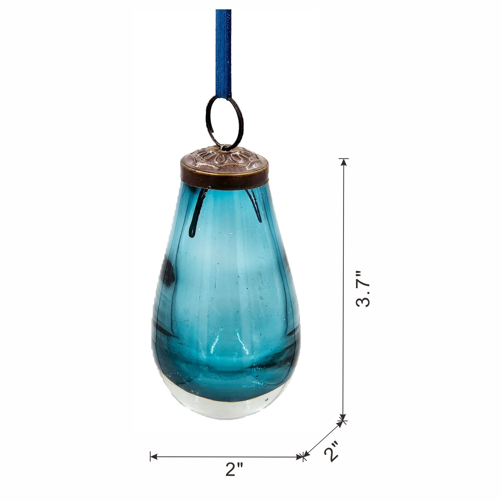 Teardrop shaped glass ornament blue hue antique bronze cap blue ribbon hanger