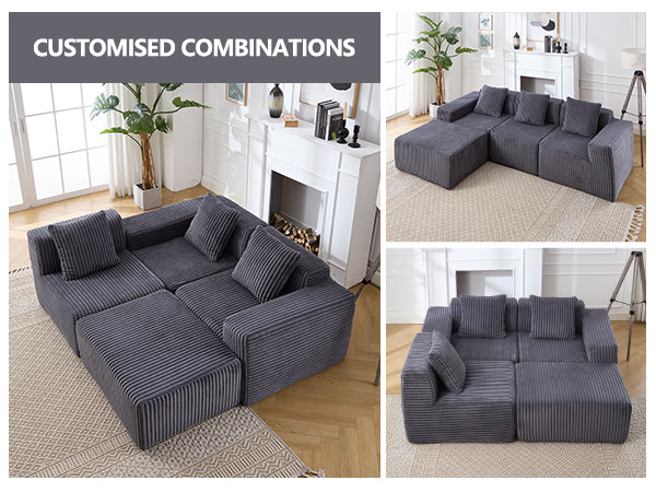 Dark gray modular corduroy sectional sofa with removable ottomans