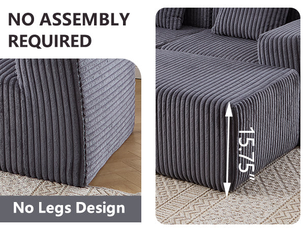 Gray corduroy sectional sofa detail with no legs design