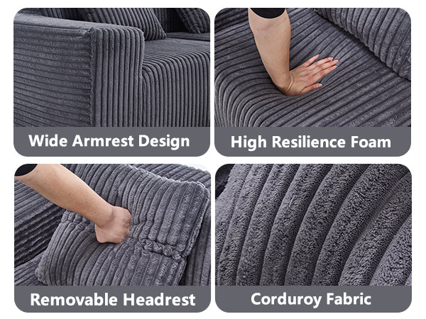 Closeup of a gray corduroy sofa armrest highlighting its wide design for comfort