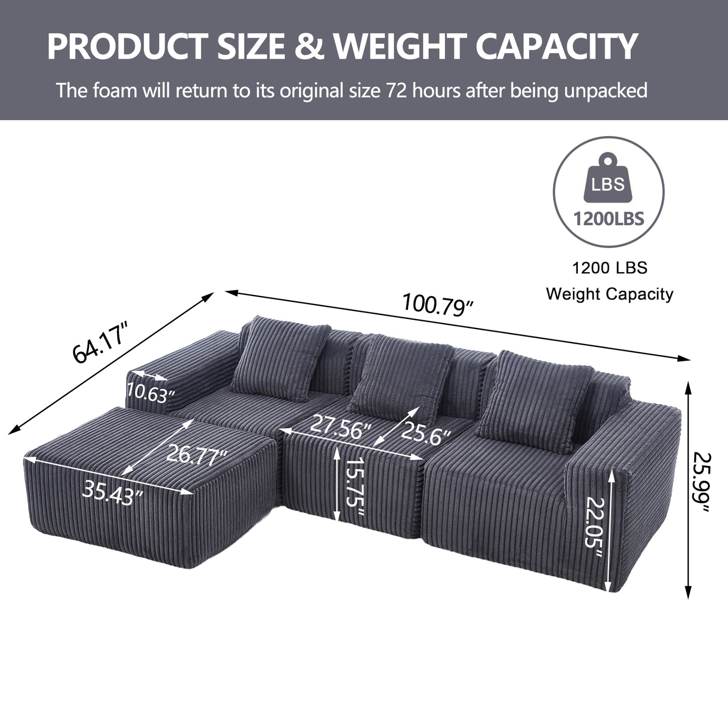 Dark gray corduroy sectional sofa with ottoman lb weight capacity