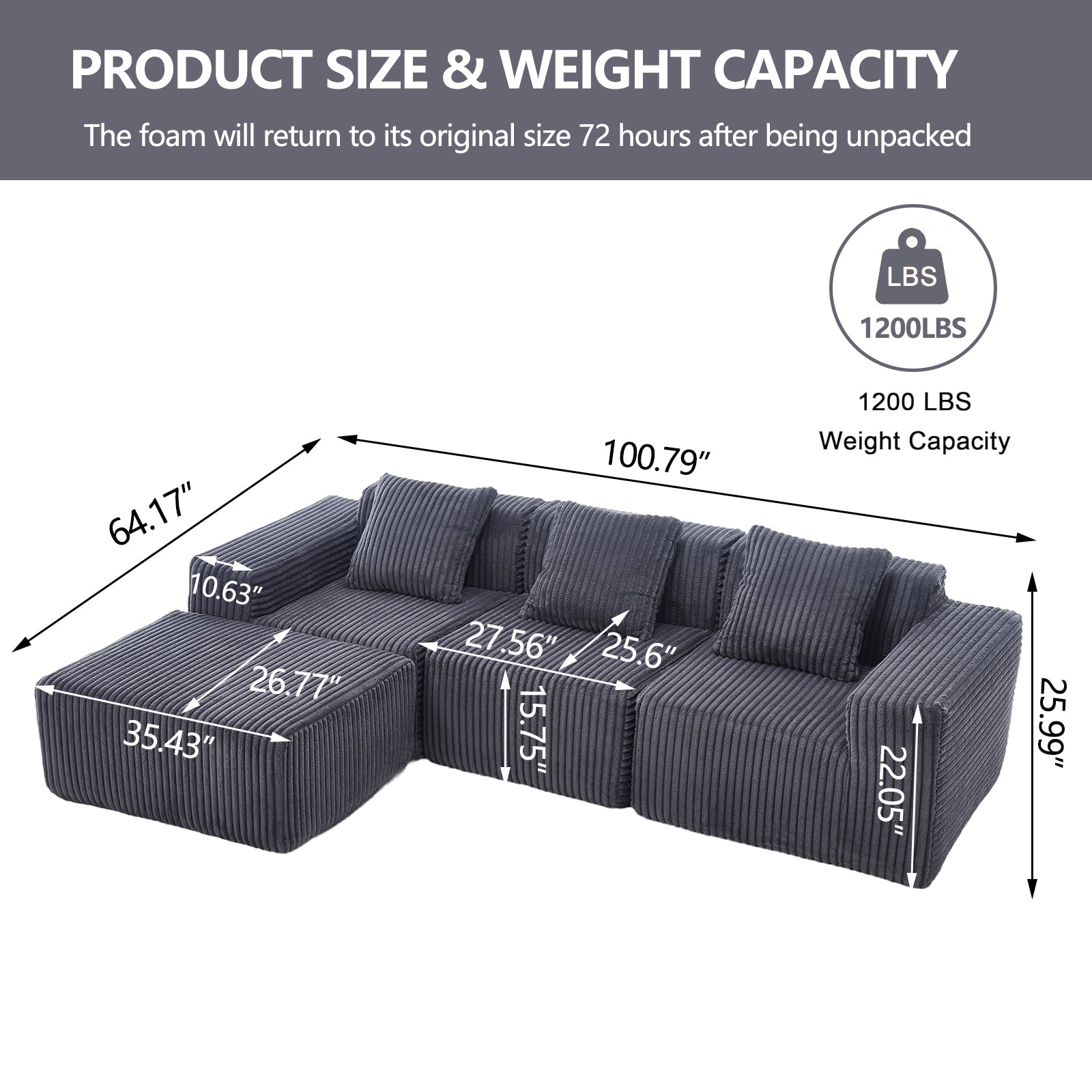 Dark gray corduroy sectional sofa with ottoman lb weight capacity