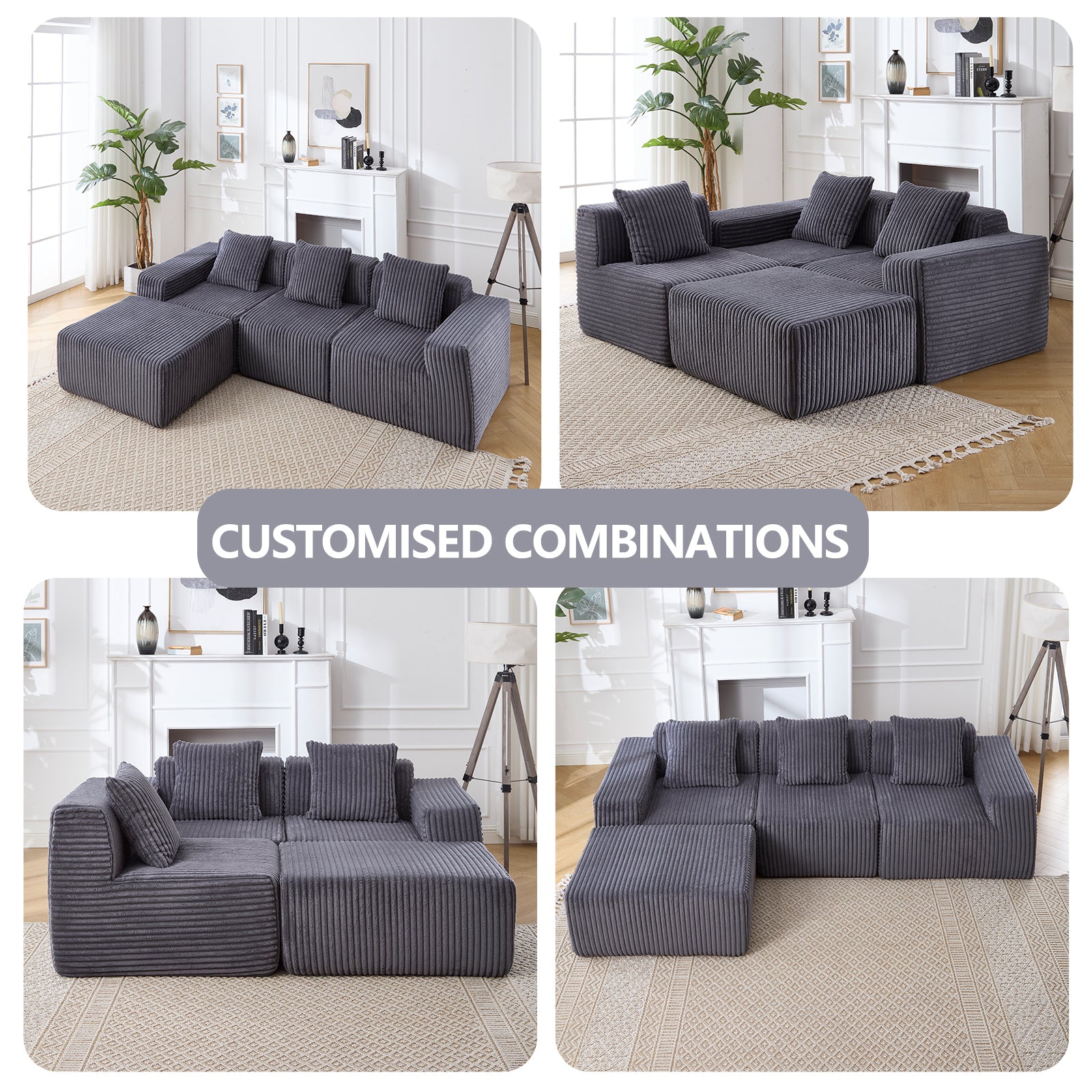 Modular corduroy sofa in dark gray featuring plush cushions and adaptable sectionals for custom living room layouts