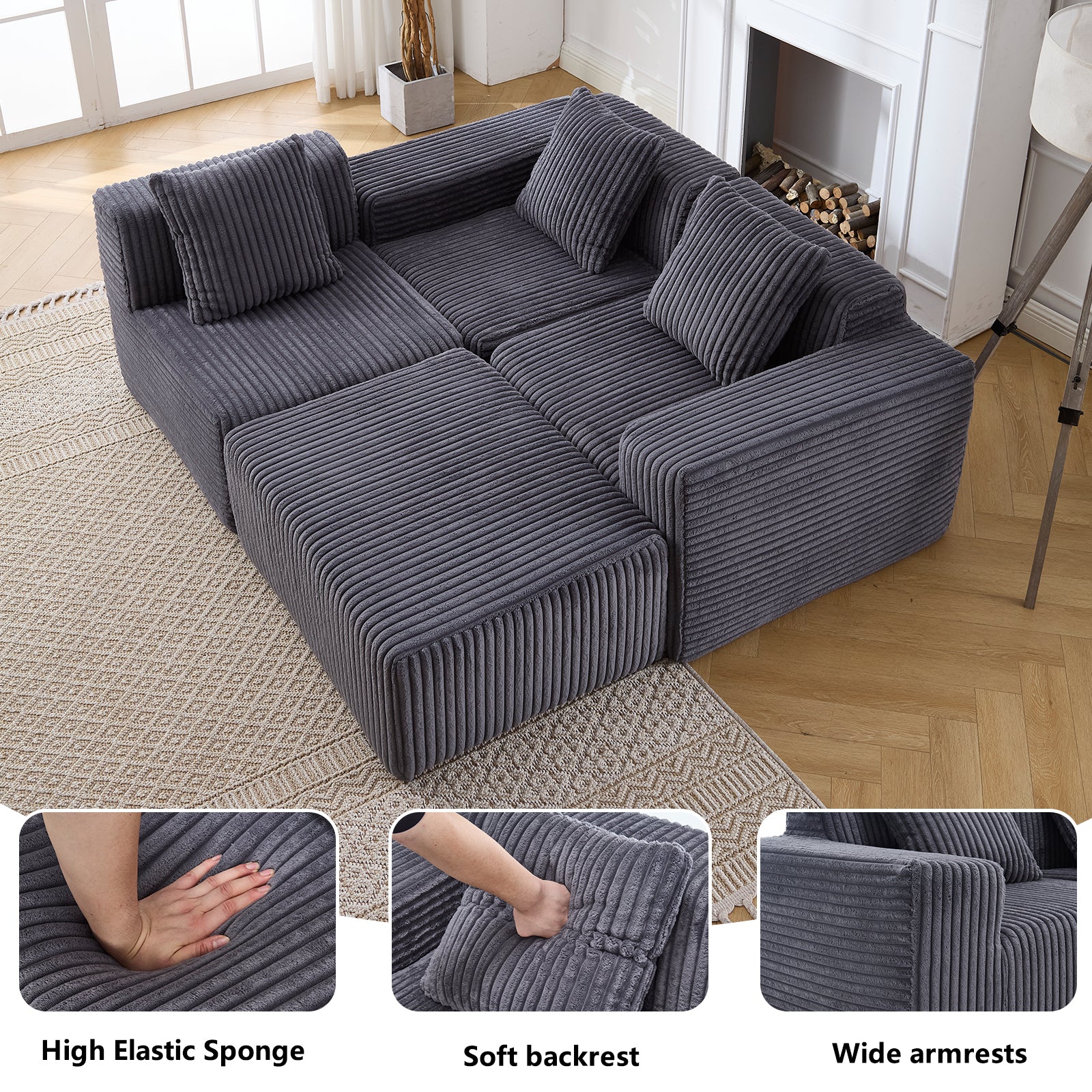 Gray corduroy sectional sofa with plush cushions and modular design