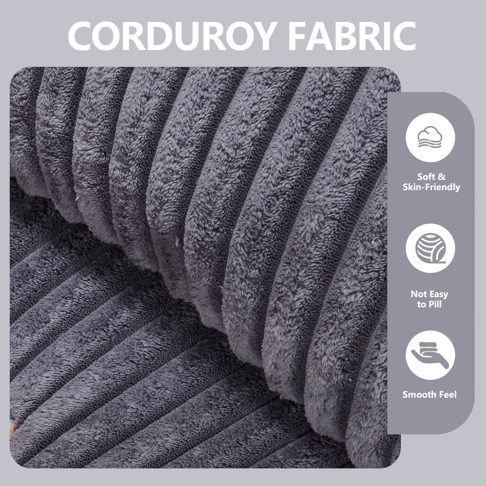 Closeup of plush dark grey corduroy fabric with prominent ridges ideal for cozy home decor