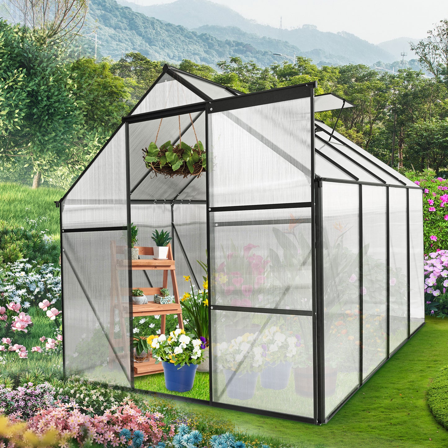 Large walkin greenhouse with polycarbonate panels ideal for yearround gardening