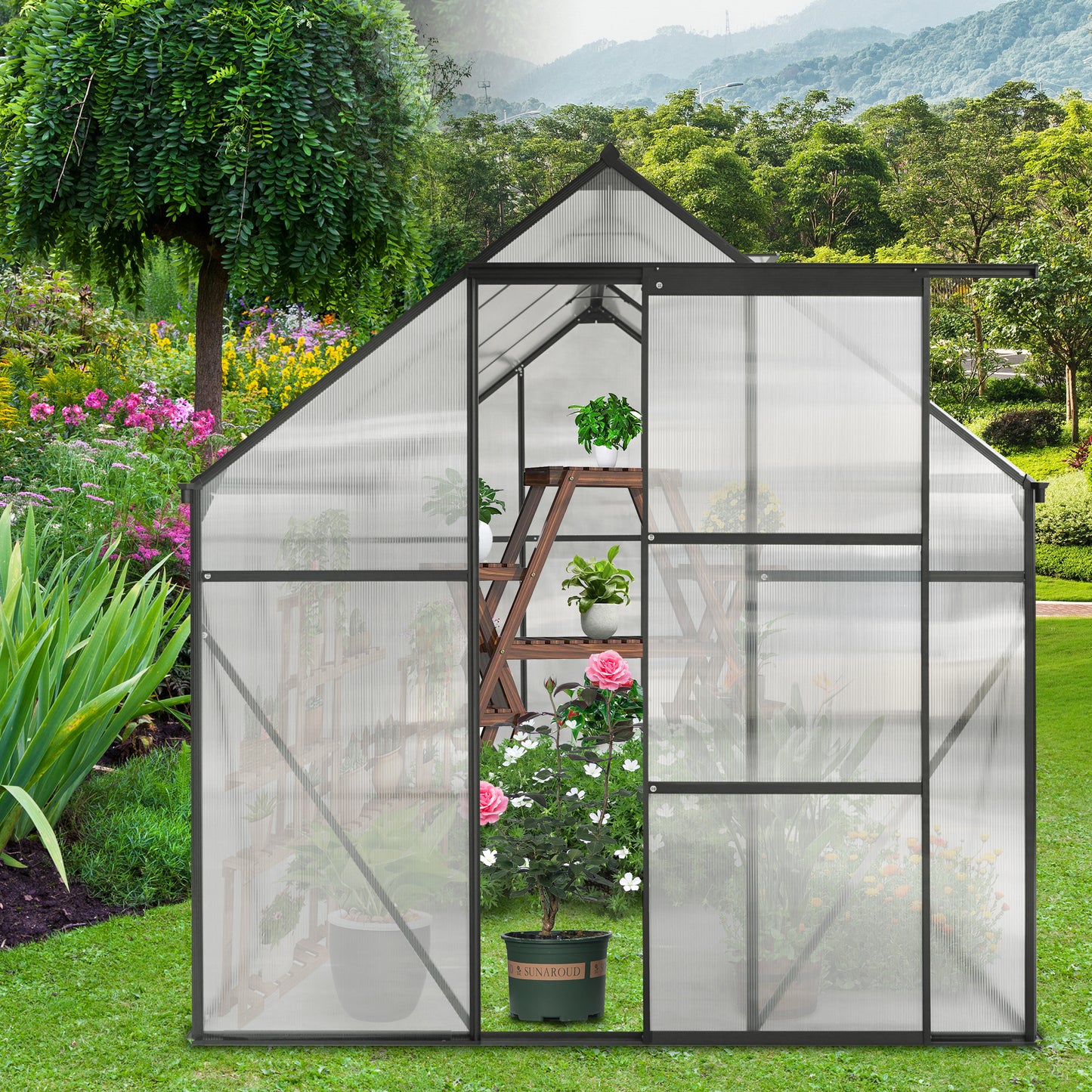Transparent polycarbonate greenhouse with wooden plant shelves and vibrant flowers