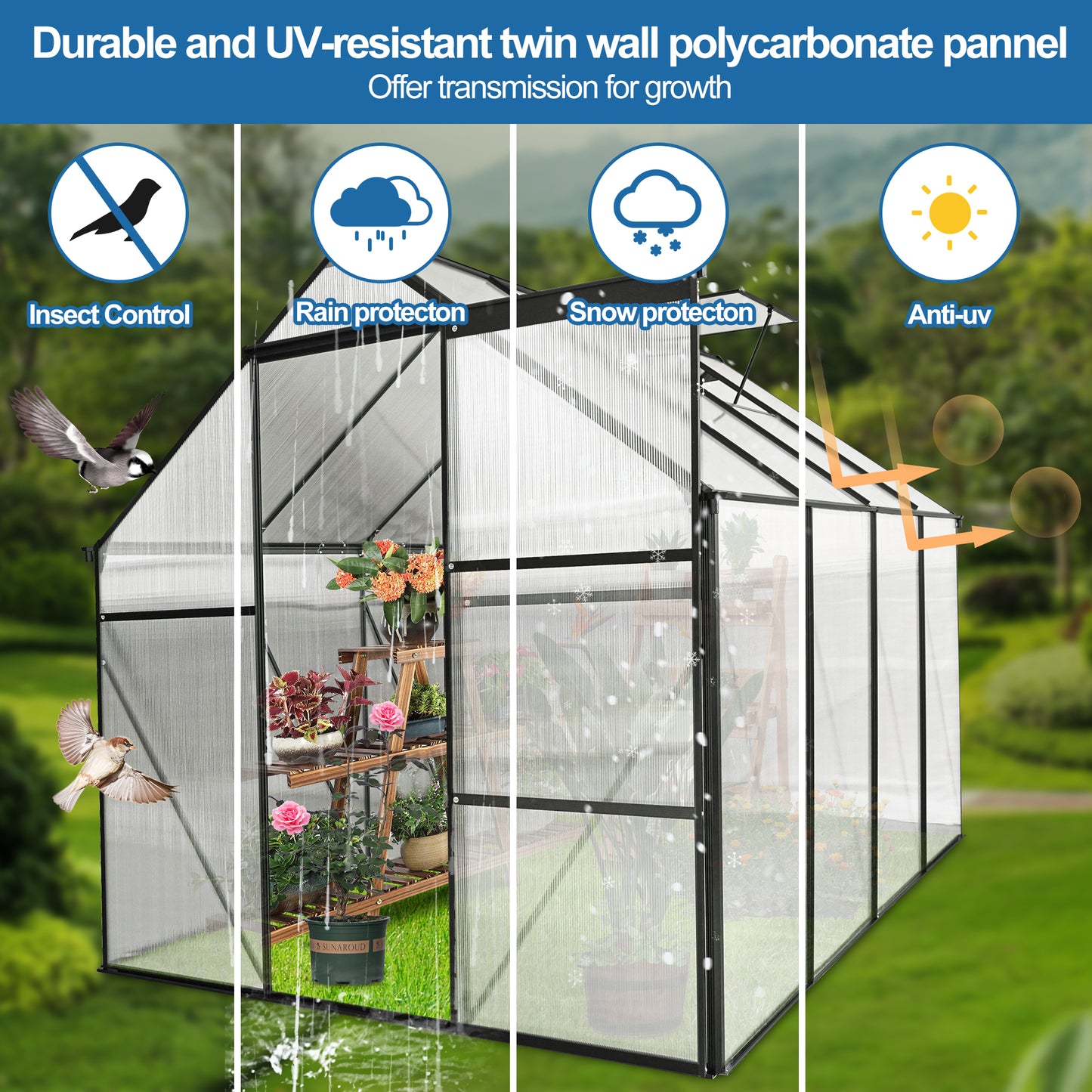 Twin wall polycarbonate greenhouse with insect control feature and potted plants inside