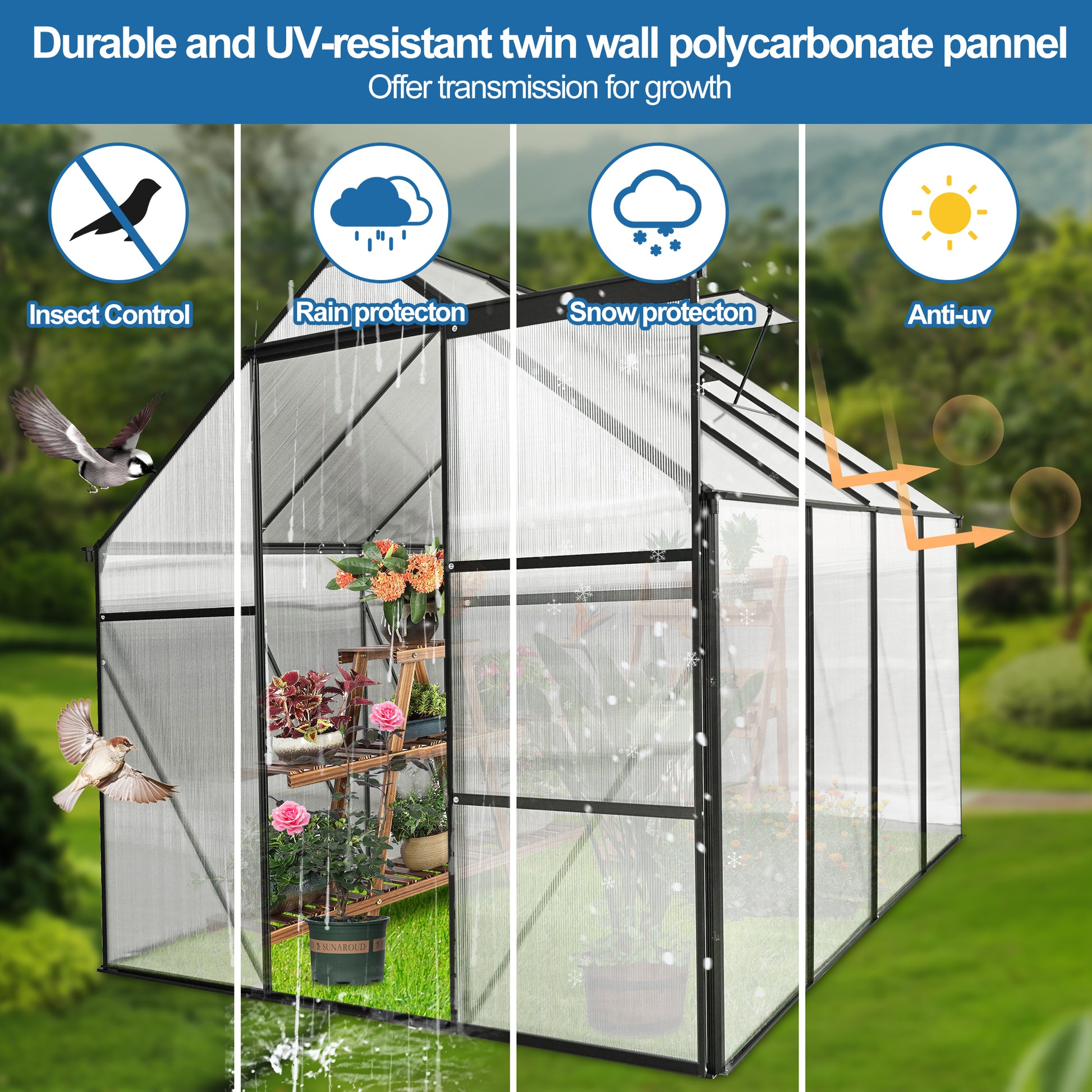 Twin wall polycarbonate greenhouse with insect control feature and potted plants inside