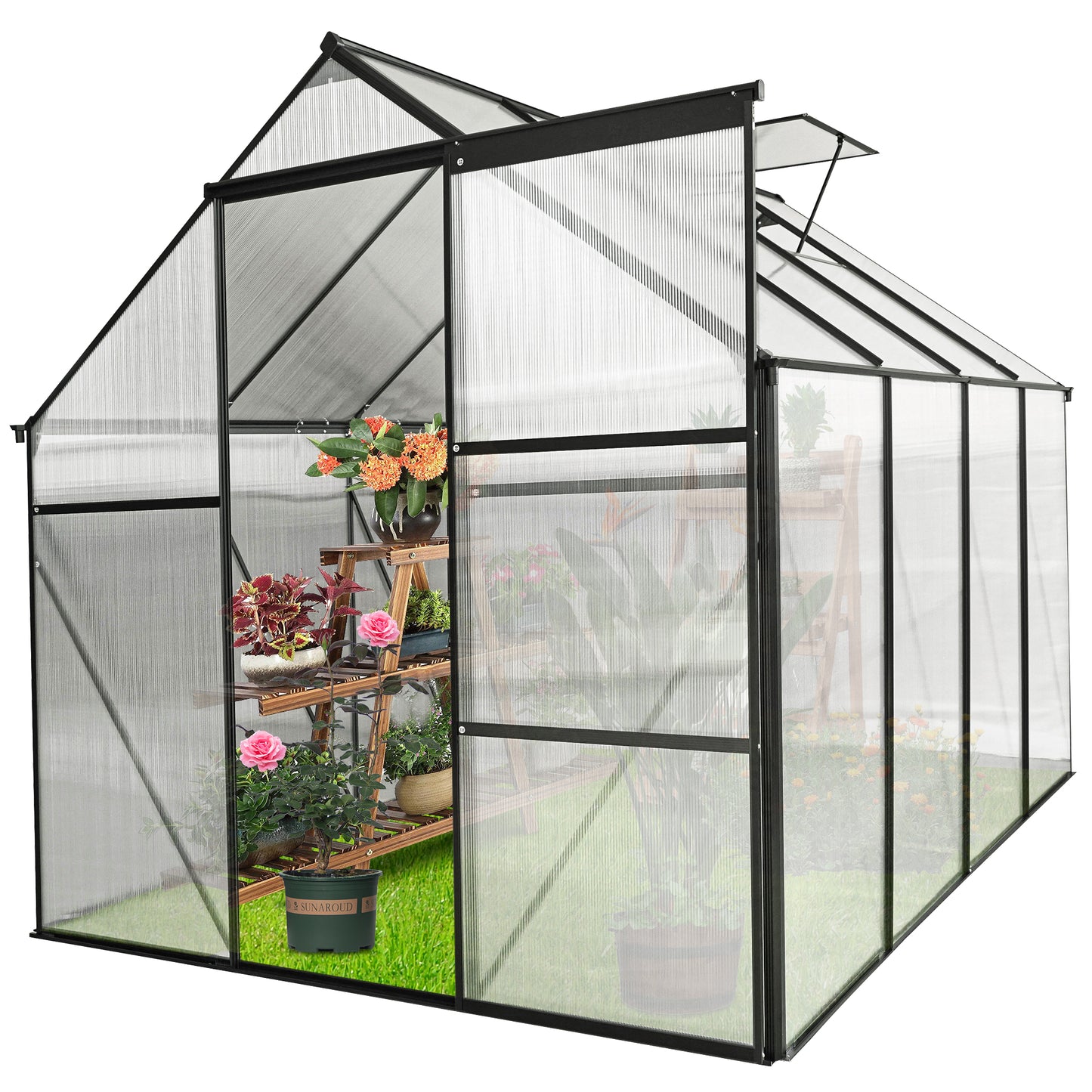 Spacious polycarbonate greenhouse with aluminum frame for yearround gardening