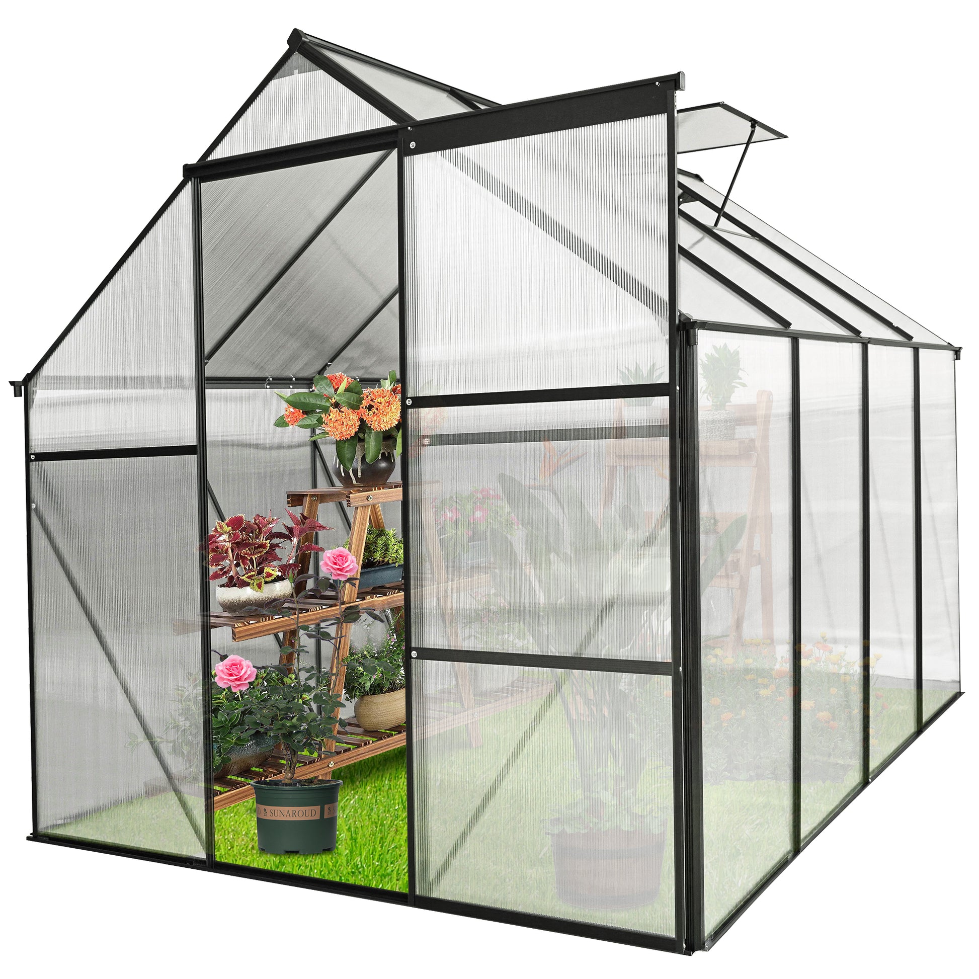 Spacious polycarbonate greenhouse with aluminum frame for yearround gardening