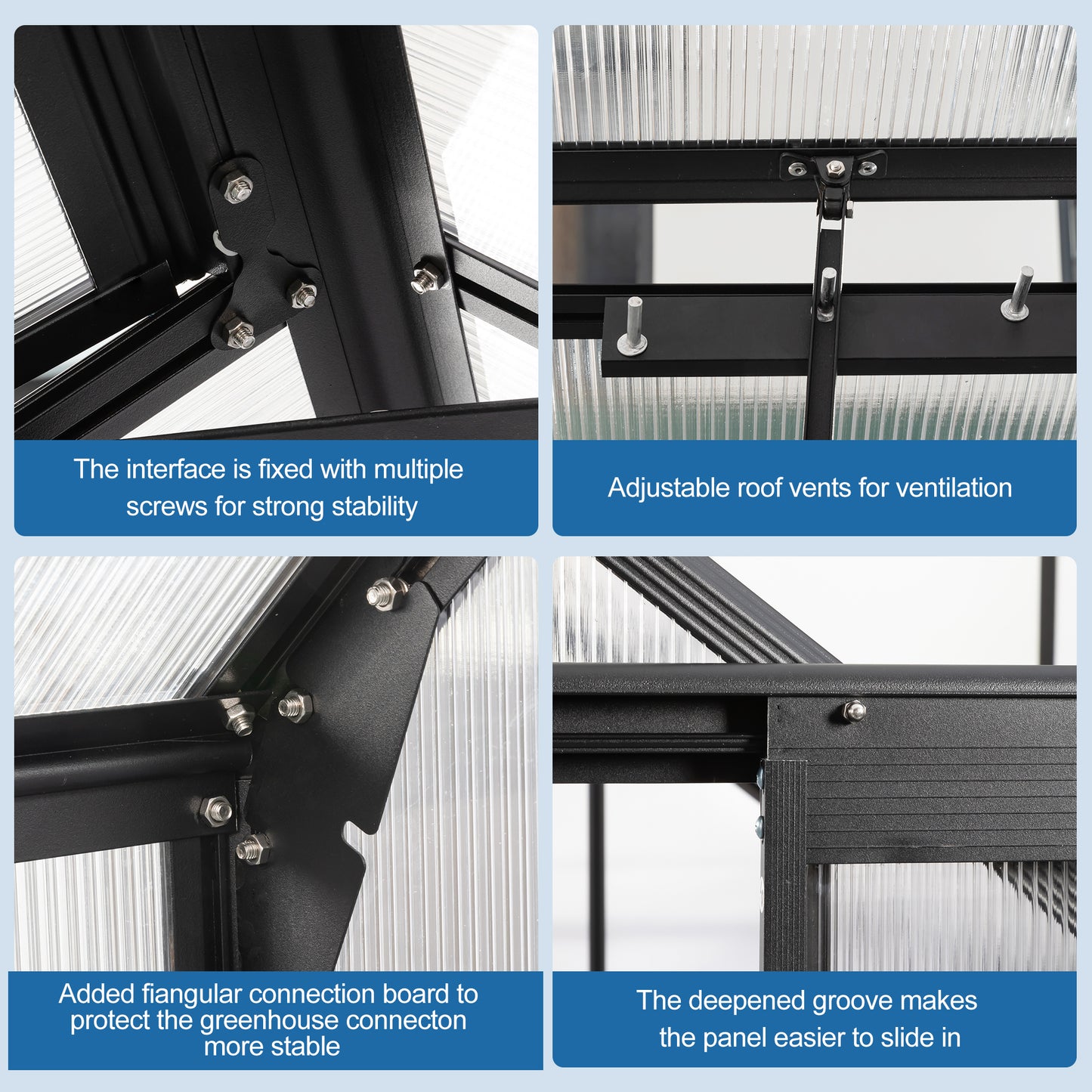 Closeup of greenhouse frame with multiple screws for stability