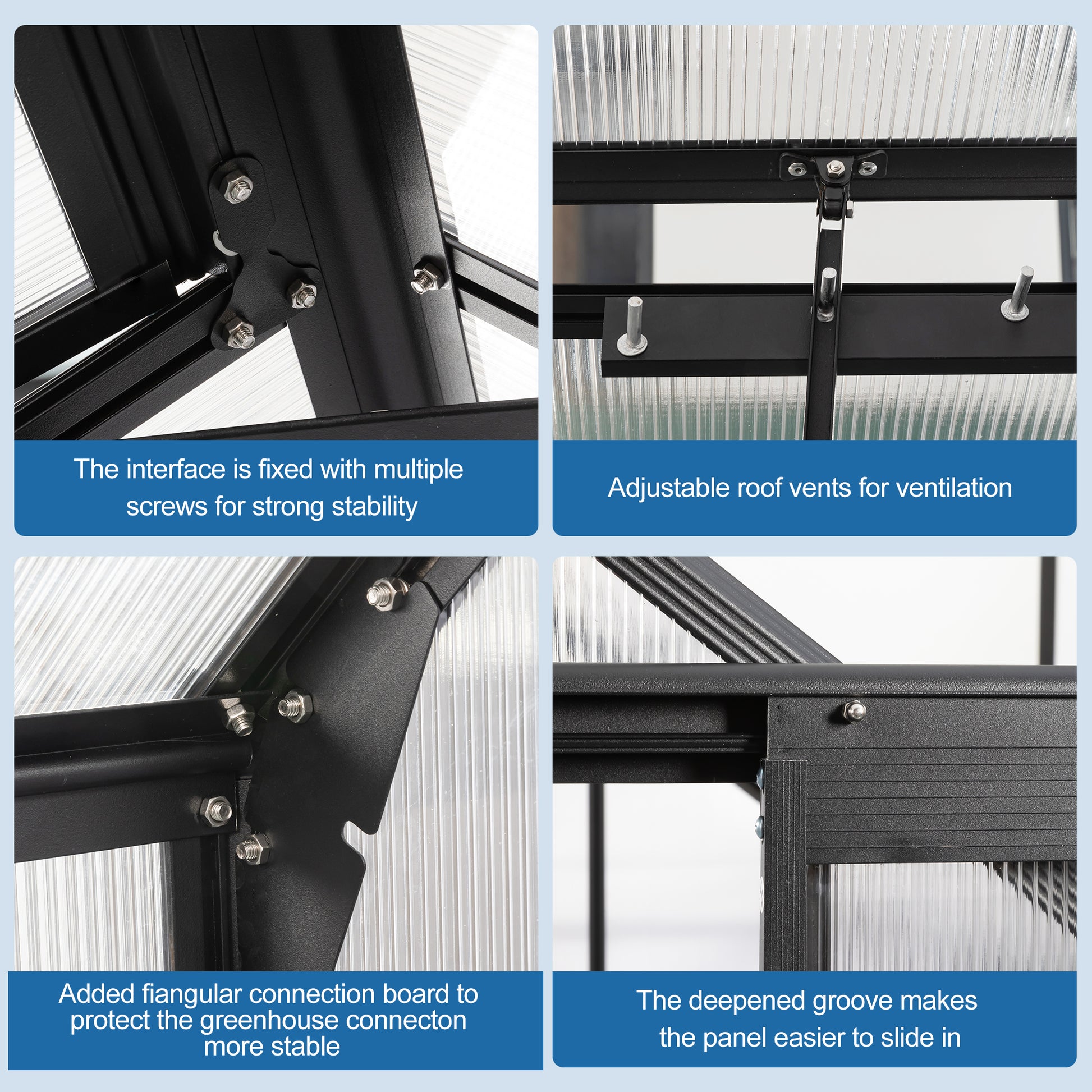 Closeup of greenhouse frame with multiple screws for stability