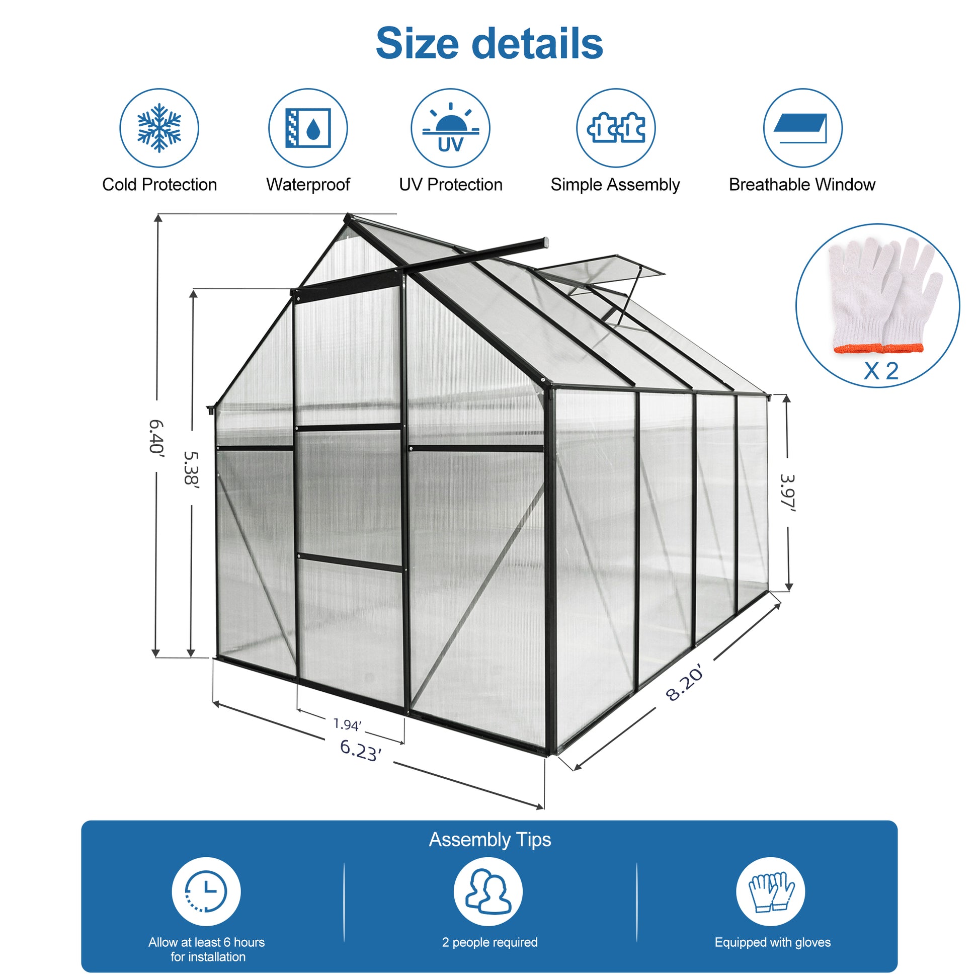 Black frame greenhouse with clear polycarbonate panels and dimensions shown