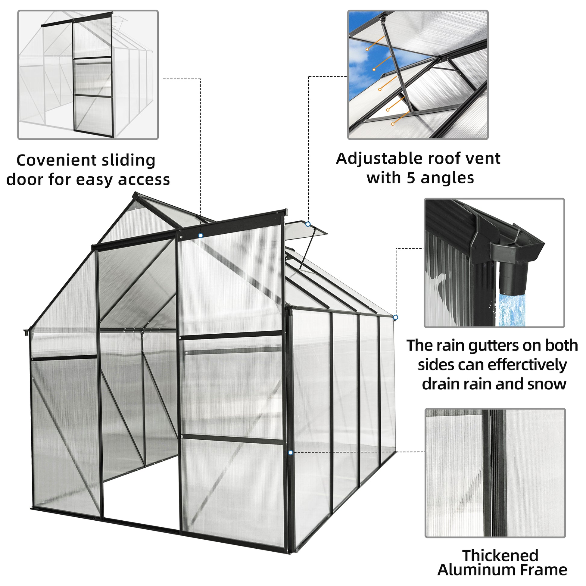 Large clear polycarbonate greenhouse with sliding door for easy access