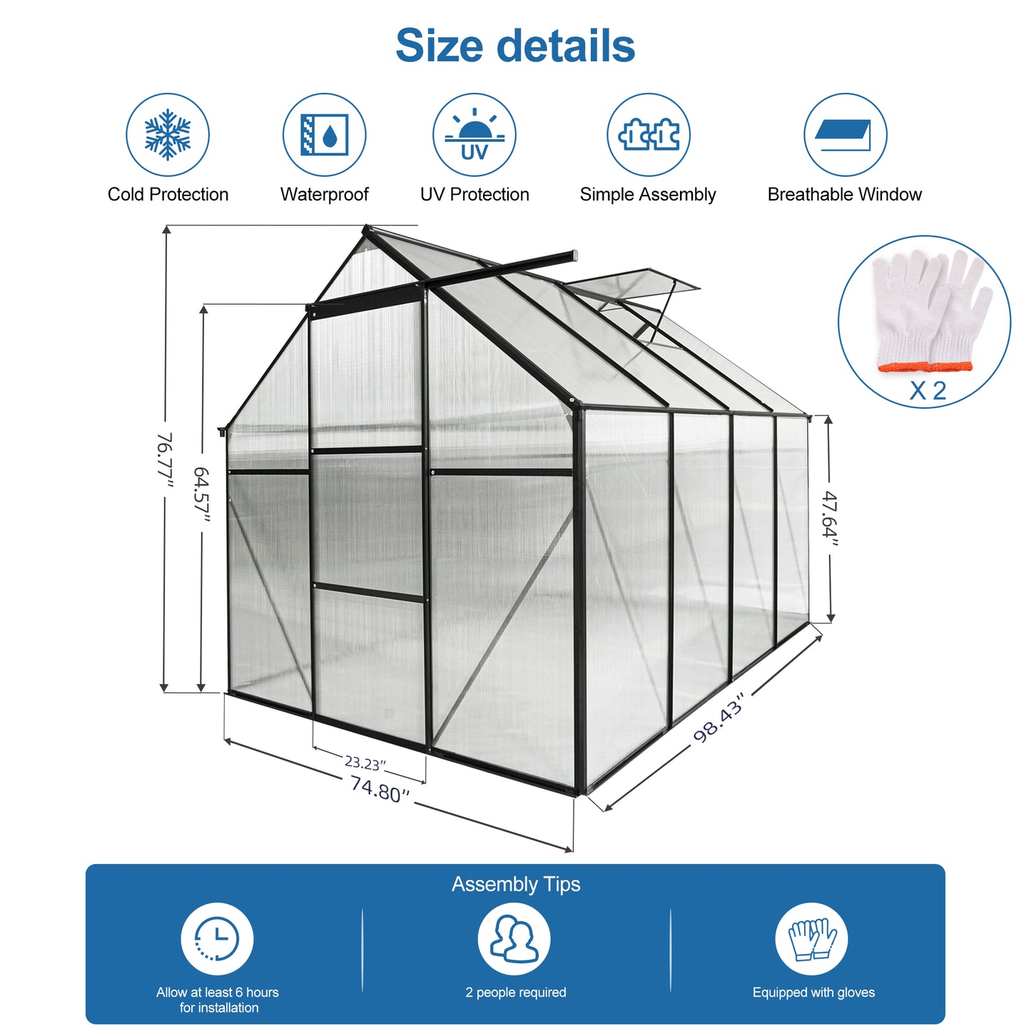 Black framed polycarbonate greenhouse with dimensions for outdoor gardening
