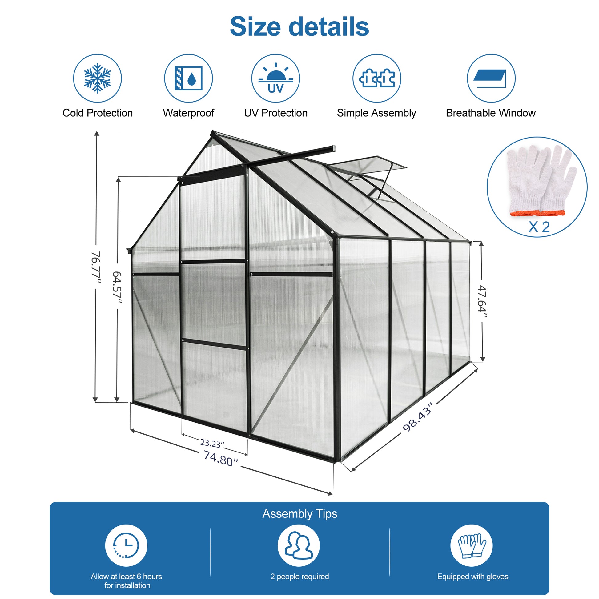 Black framed polycarbonate greenhouse with dimensions for outdoor gardening