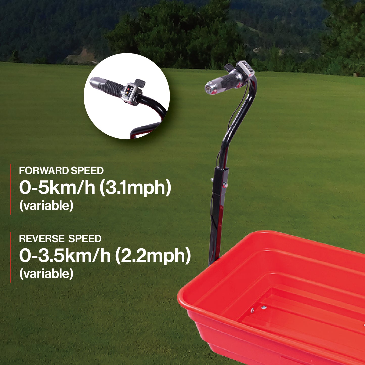 Red electric garden cart with adjustable speed controls for hauling tools