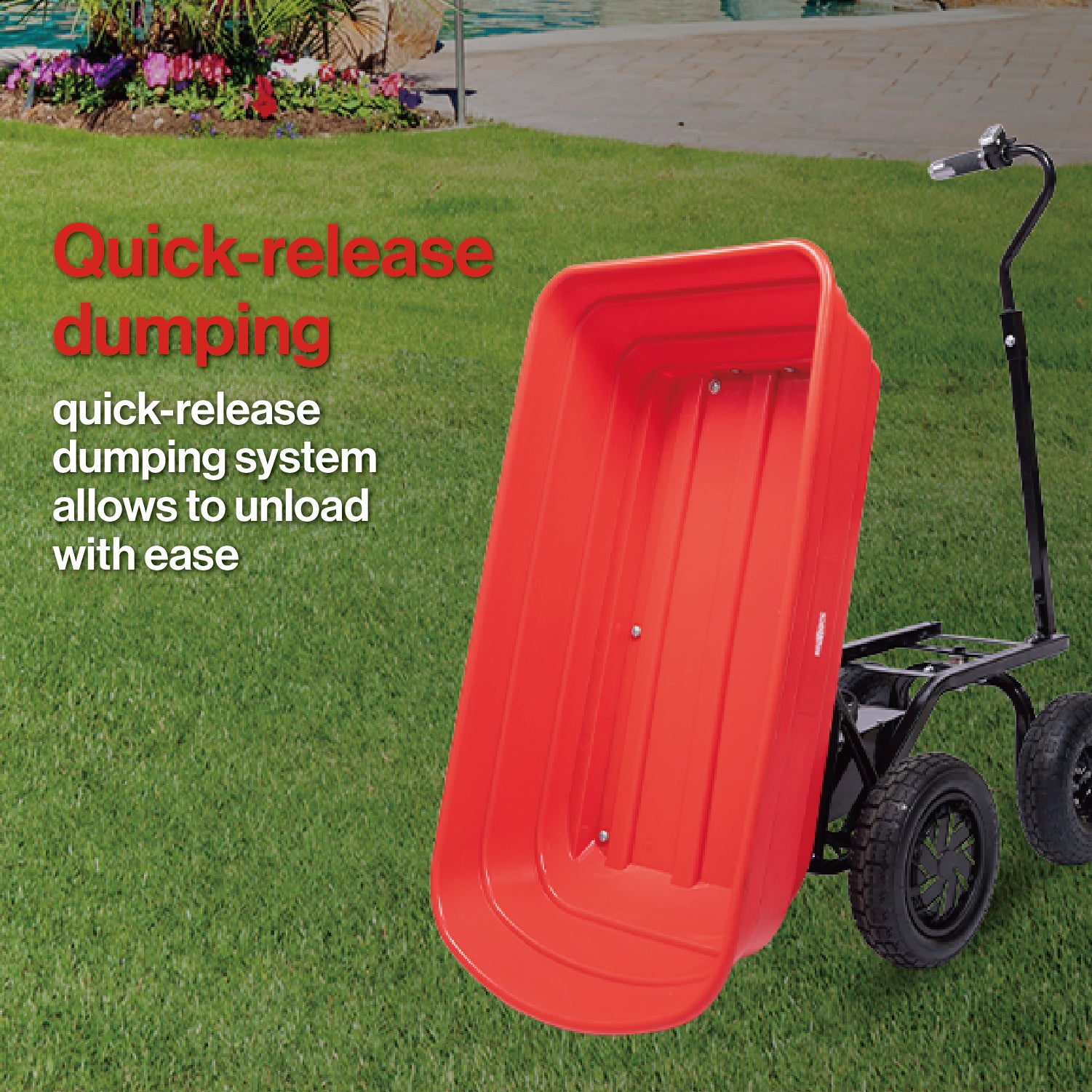 Red garden cart with quickrelease dumping mechanism on grass