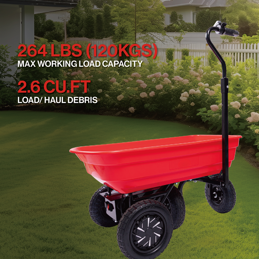 Red garden utility cart with large hauling capacity and sturdy wheels