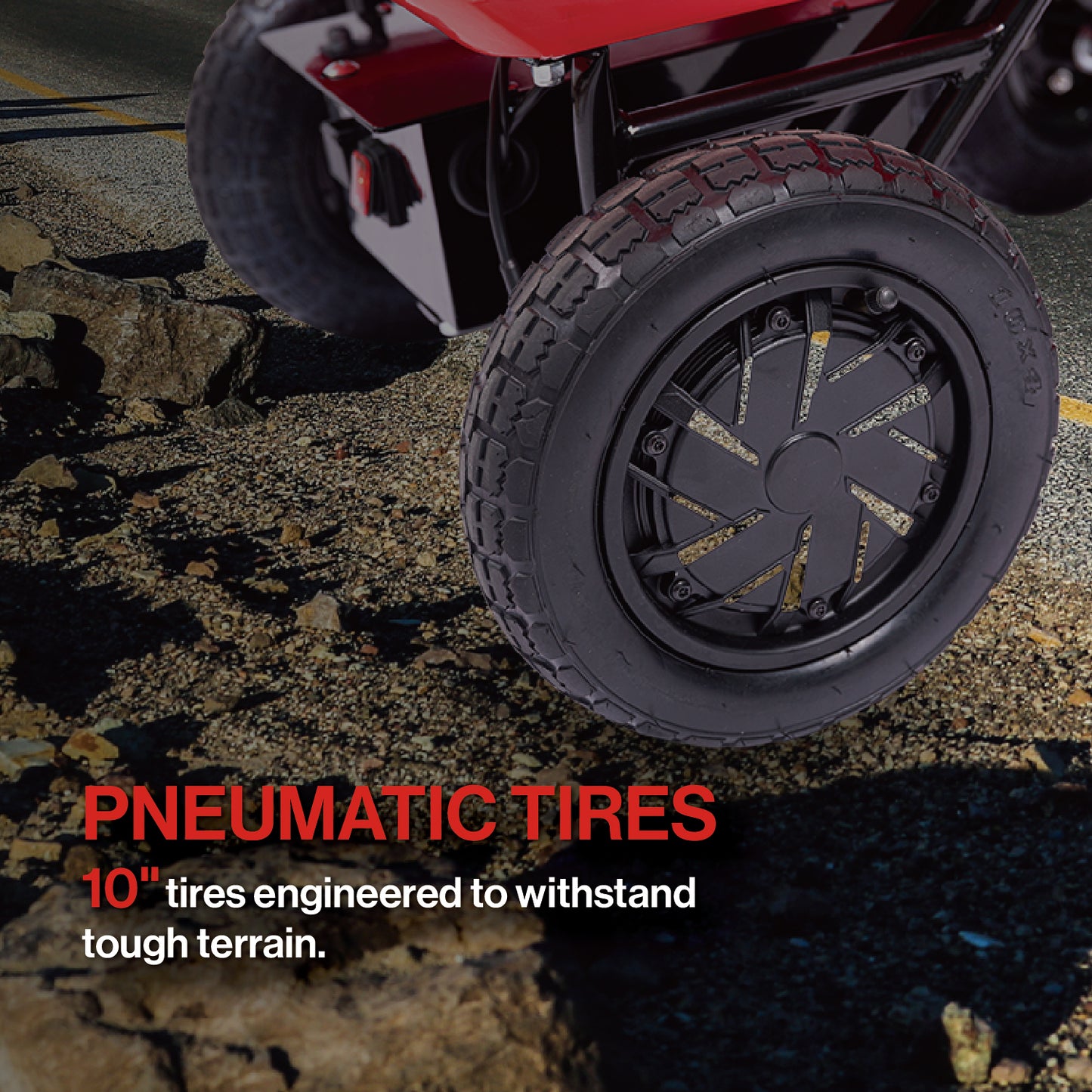 Black inch pneumatic tires with aggressive tread pattern designed for rough terrain