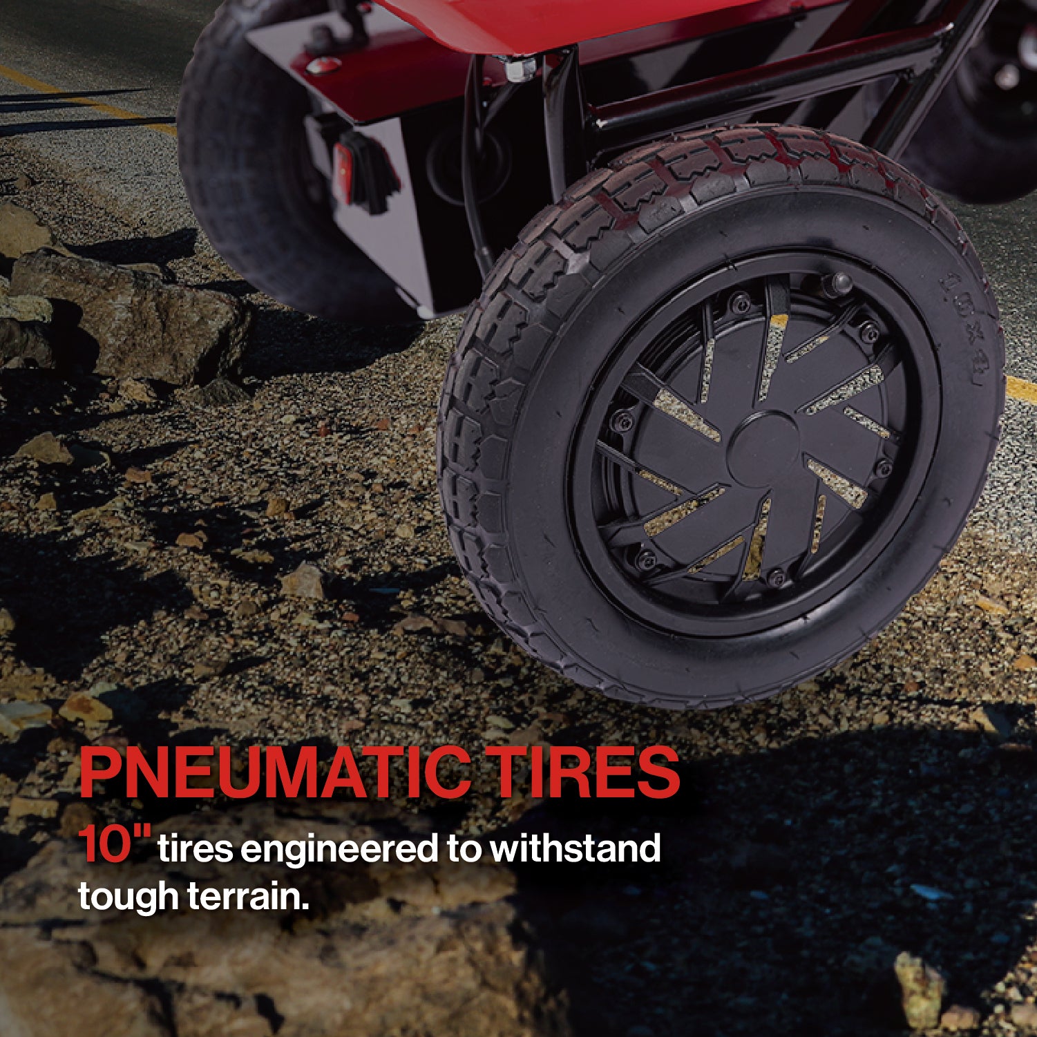 Black inch pneumatic tires with aggressive tread pattern designed for rough terrain