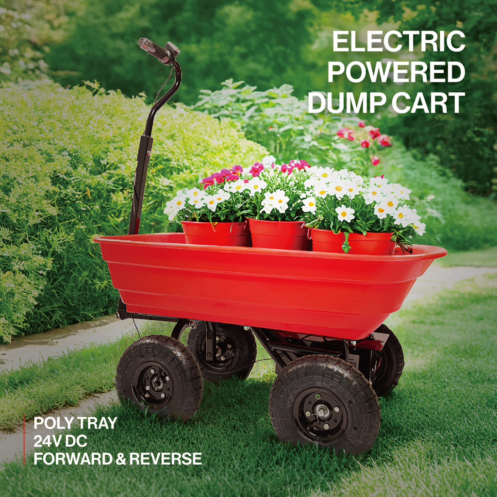 Red electric powered dump cart with colorful flowers V DC motor