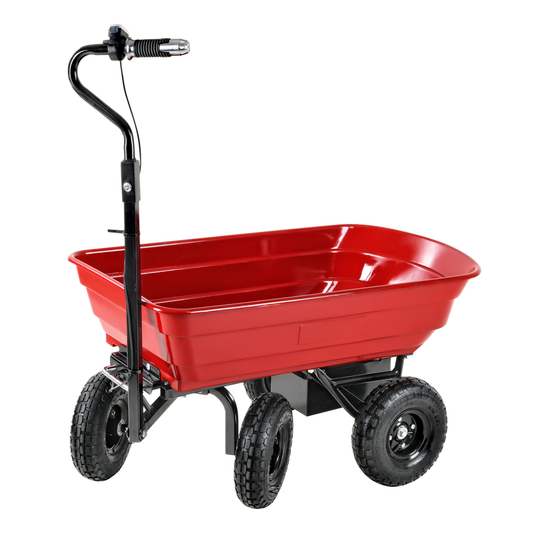 Red electric garden cart with four wheels and adjustable handle