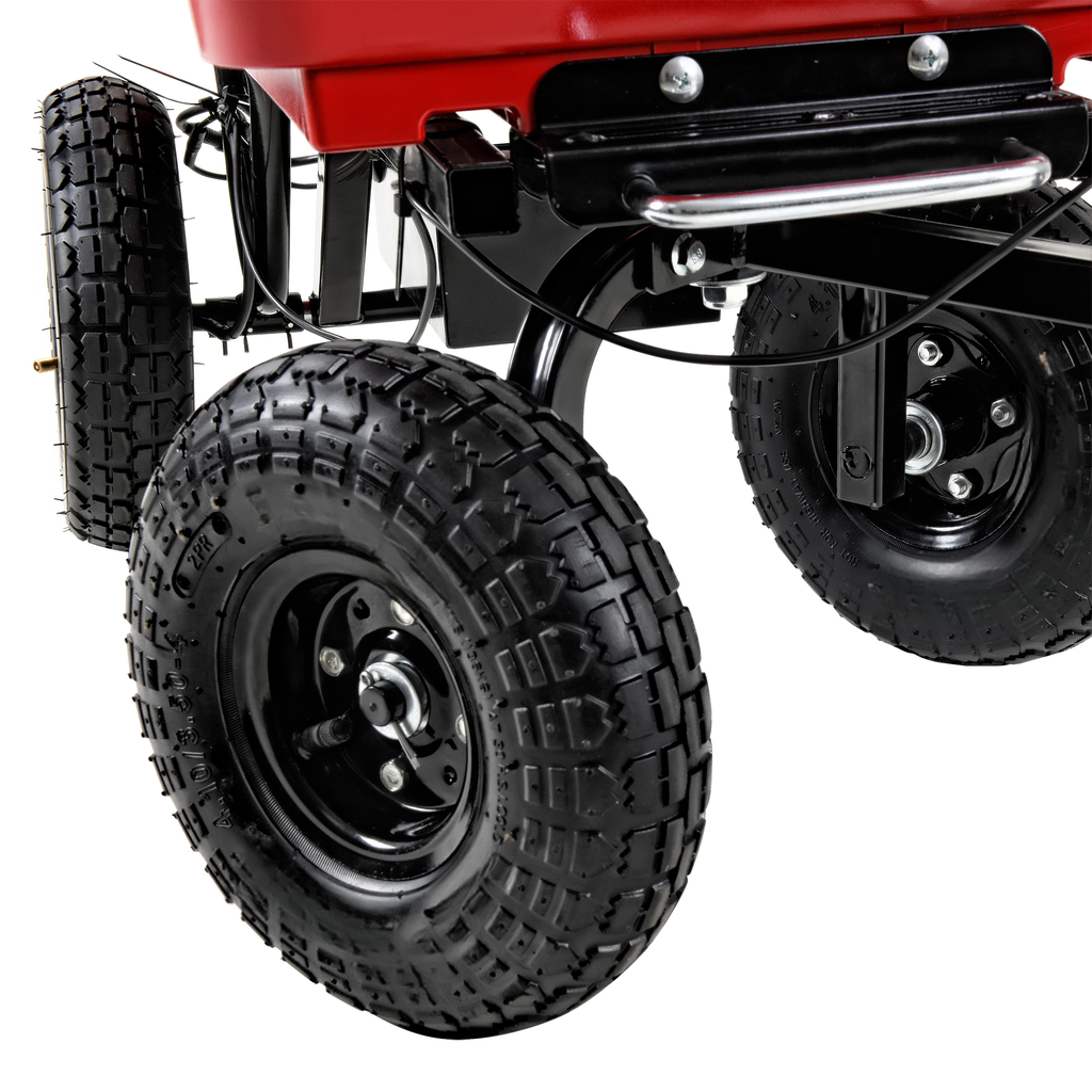 Heavyduty red garden cart with large pneumatic tires for rough terrain
