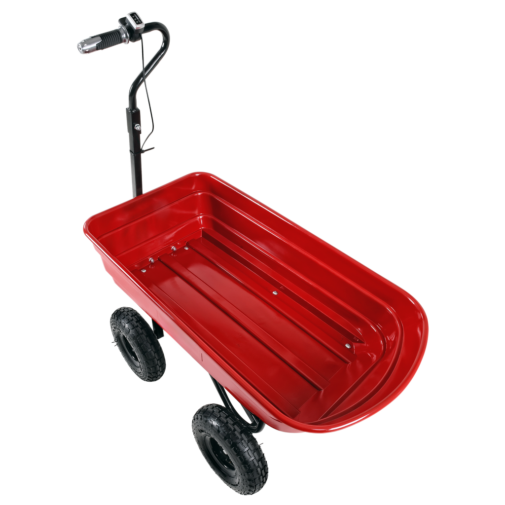 Red electric garden cart with durable metal frame and large capacity basin for hauling