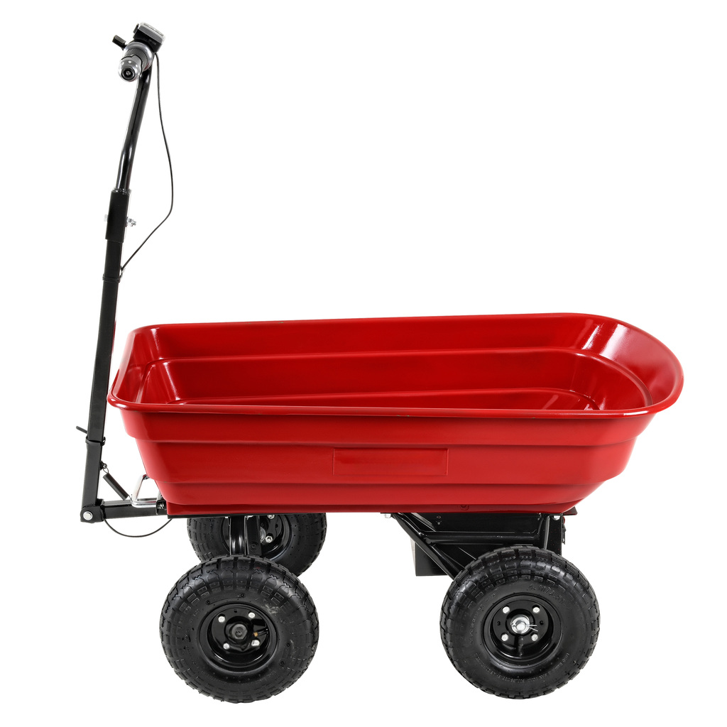 Red garden wagon with a deep basin and sturdy wheels for hauling heavy loads