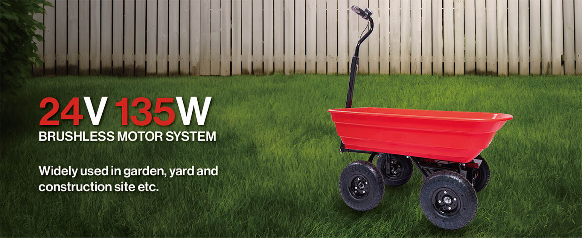 Red V electric garden cart with brushless motor system on grass