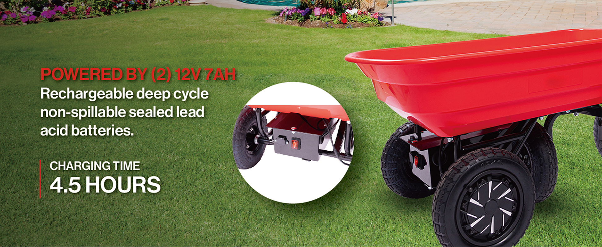 Red electric garden wagon with powerful  x V AH rechargeable batteries