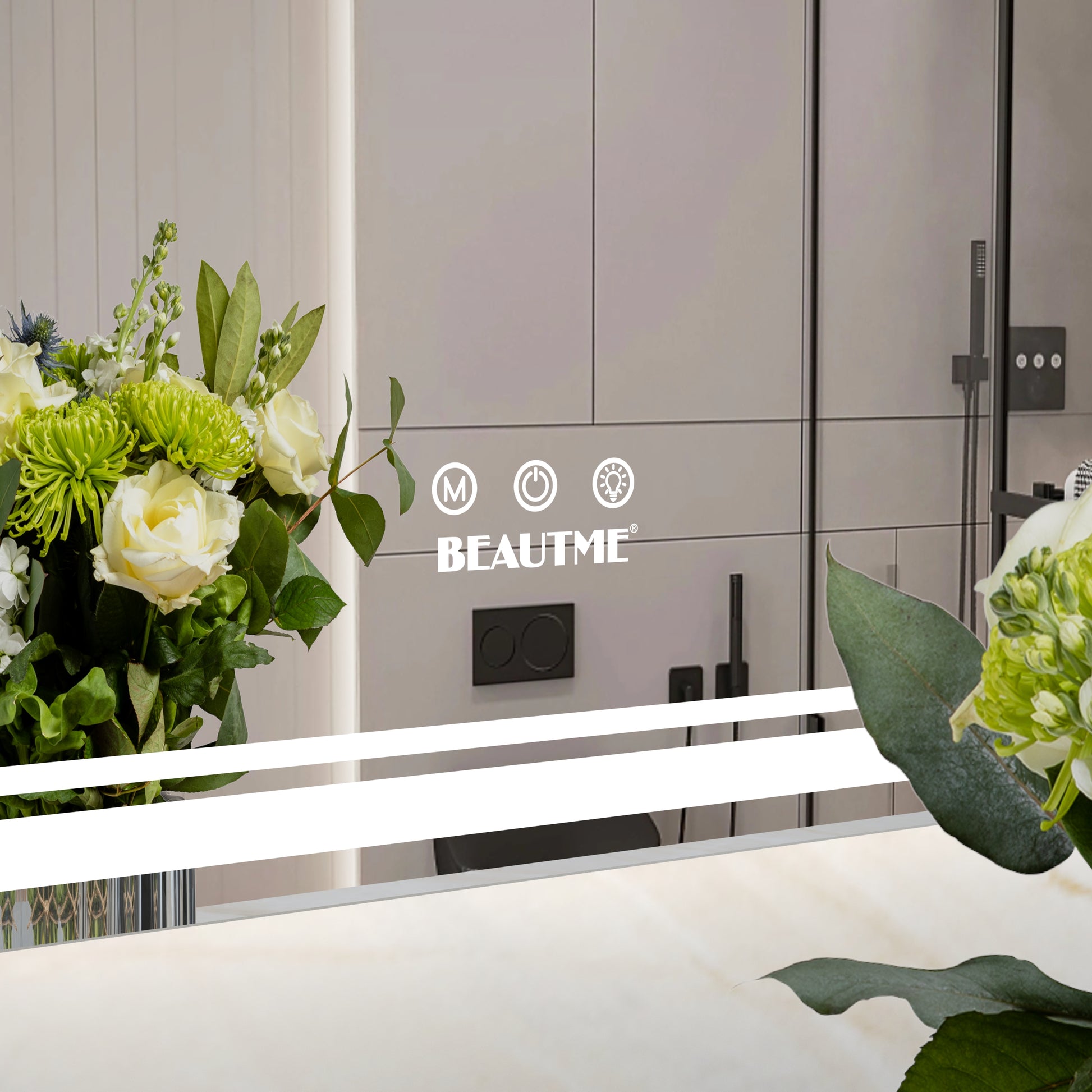 Modern bathroom mirror with integrated LED lighting touch controls for M power and light settings