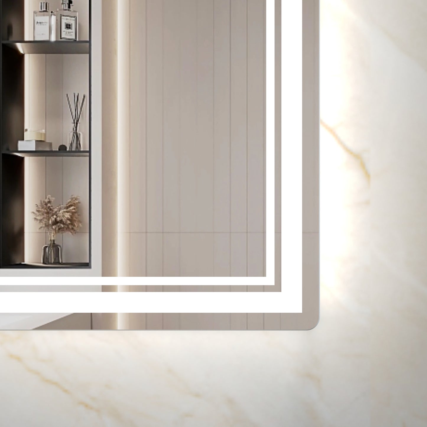 Modern illuminated bathroom mirror with integrated shelving for toiletries