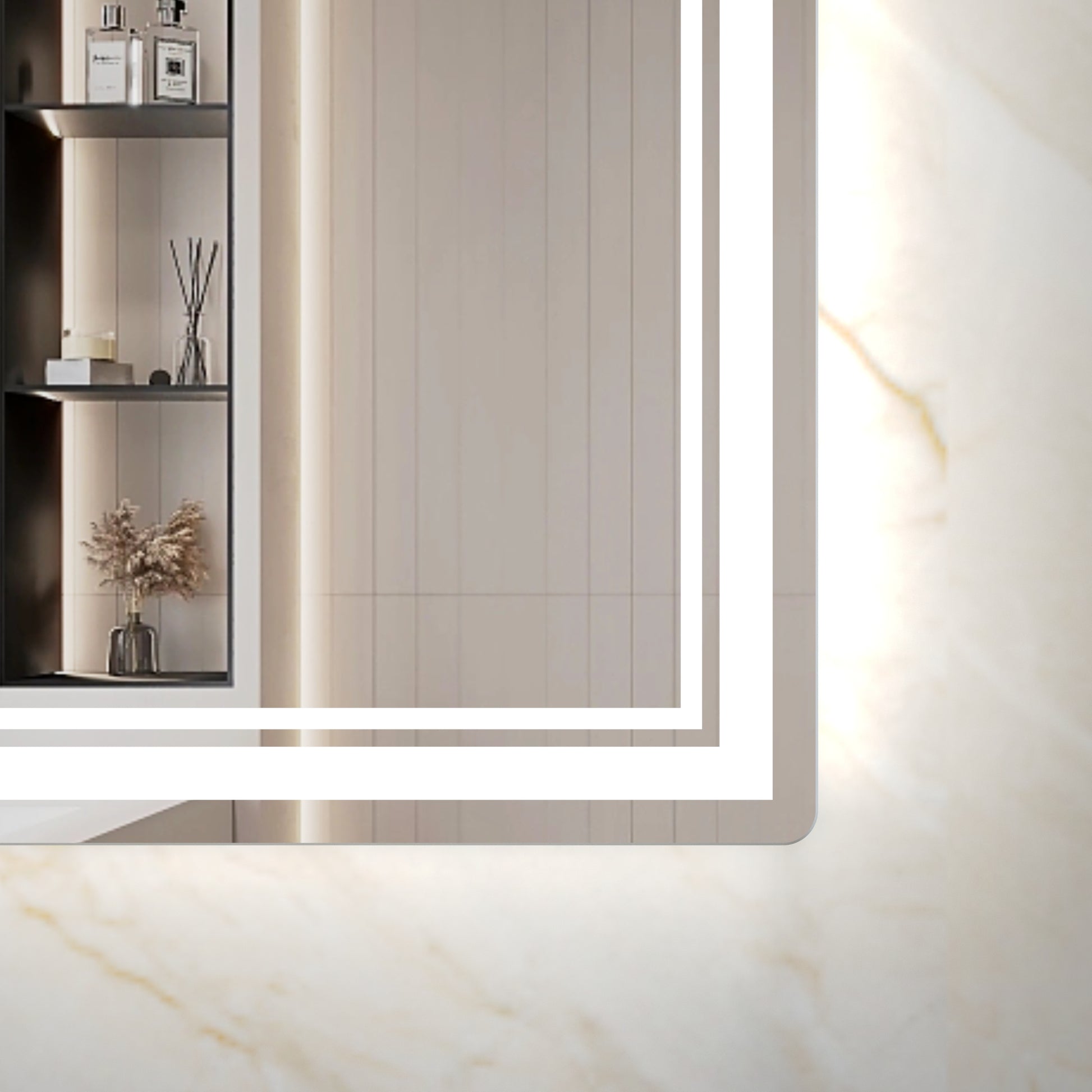 Modern illuminated bathroom mirror with integrated shelving for toiletries