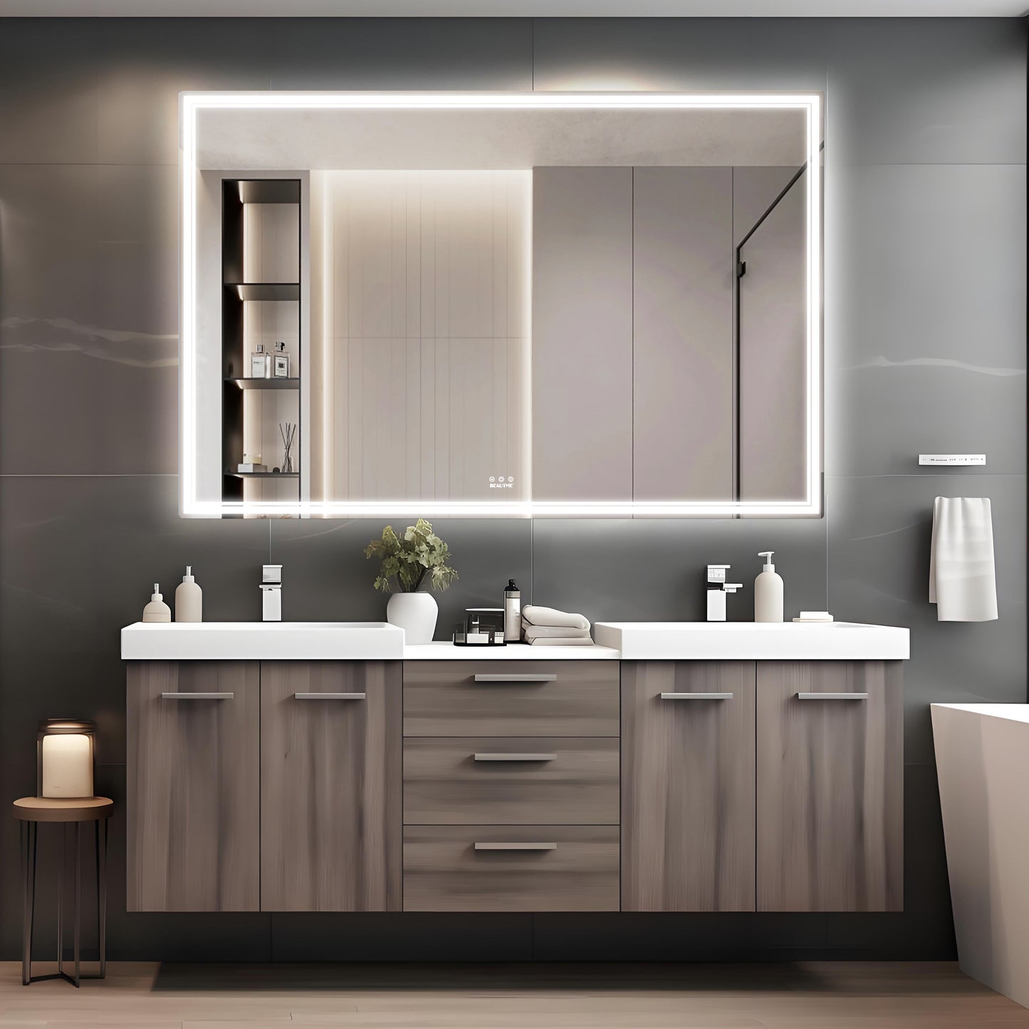 Modern bathroom vanity with wood grain finish and integrated LED mirror lighting