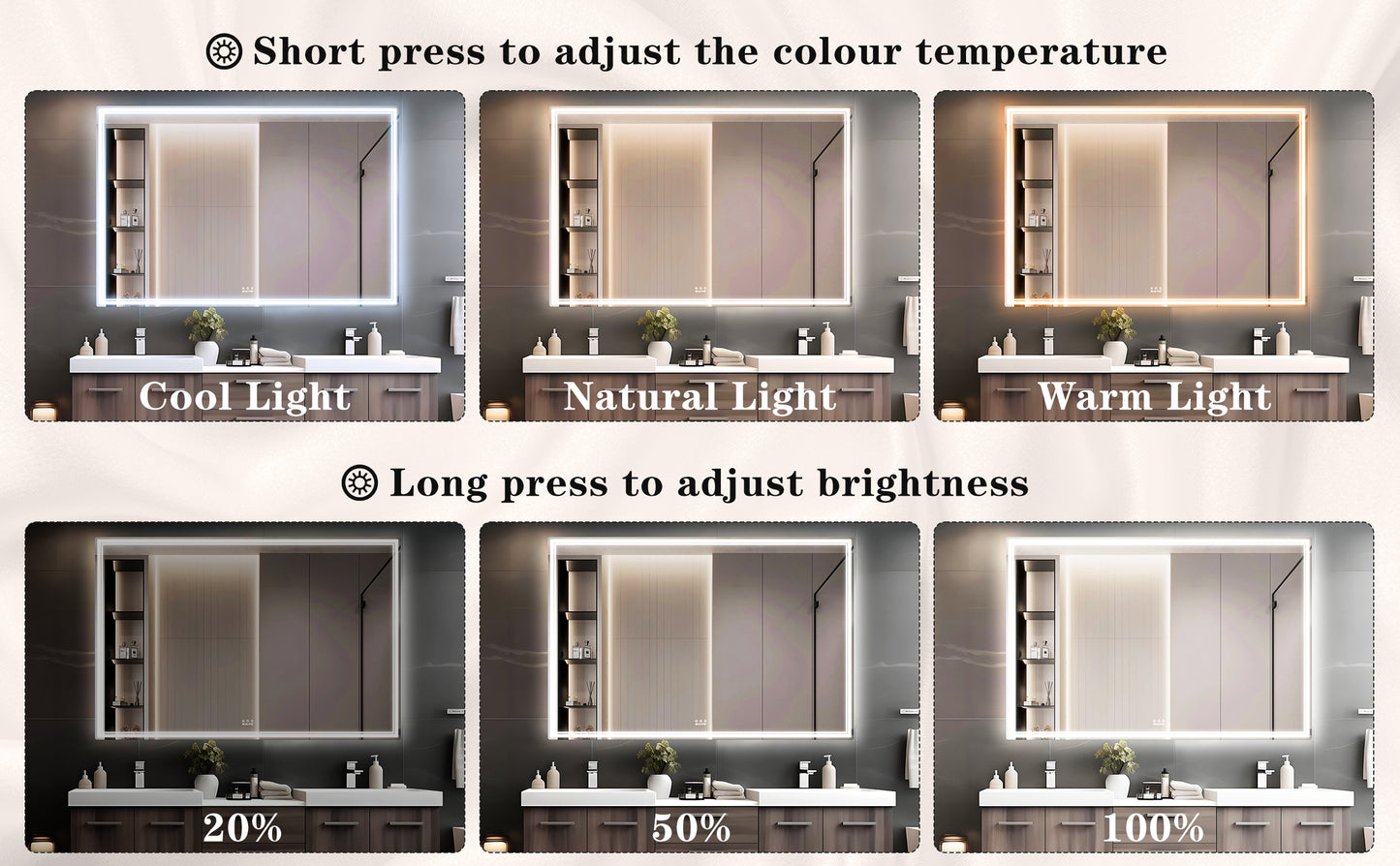 Bathroom mirror with integrated LED lighting showing cool white light setting