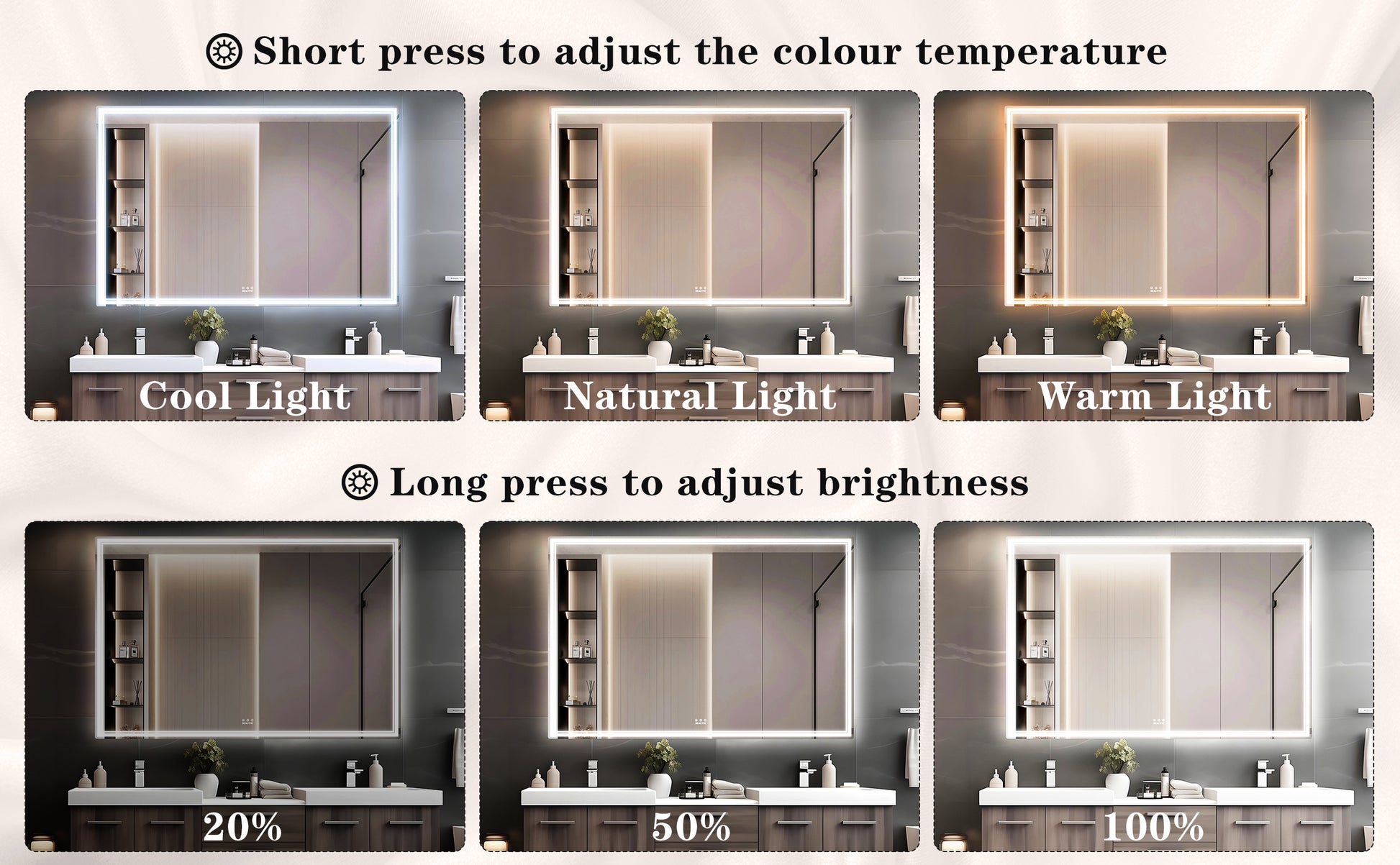 Bathroom mirror with integrated LED lighting showing cool white light setting