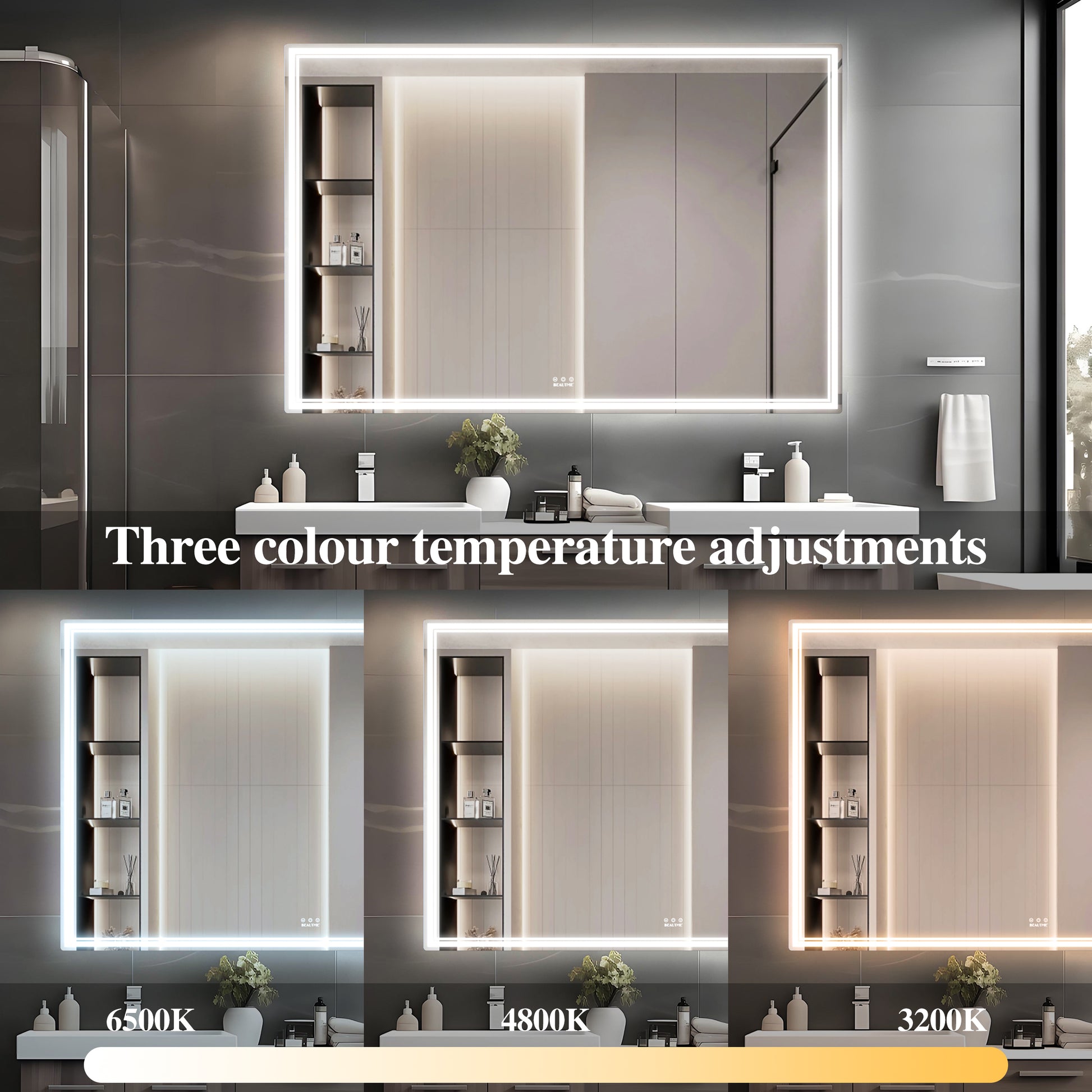 Modern bathroom mirror with integrated LED lighting adjustable color temperature